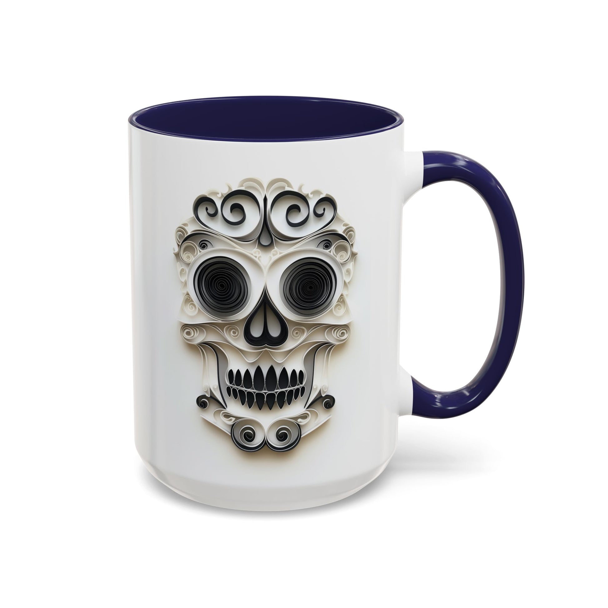 Black & White Skull, Paper Quilling Mug - Available in a variety of vibrant accent colors, and in 15oz and 11oz sizes. Dishwasher and microwave safe.