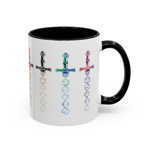 D&D Dice Sword, Multicolor Wrap-Around Mug - Available in a variety of vibrant accent colors, and in 15oz and 11oz sizes. Dishwasher and microwave safe.