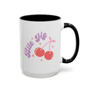 Bite Me, Anti-Valentine's Cherries Mug - Available in a variety of vibrant accent colors, and in 15oz and 11oz sizes. Dishwasher and microwave safe.