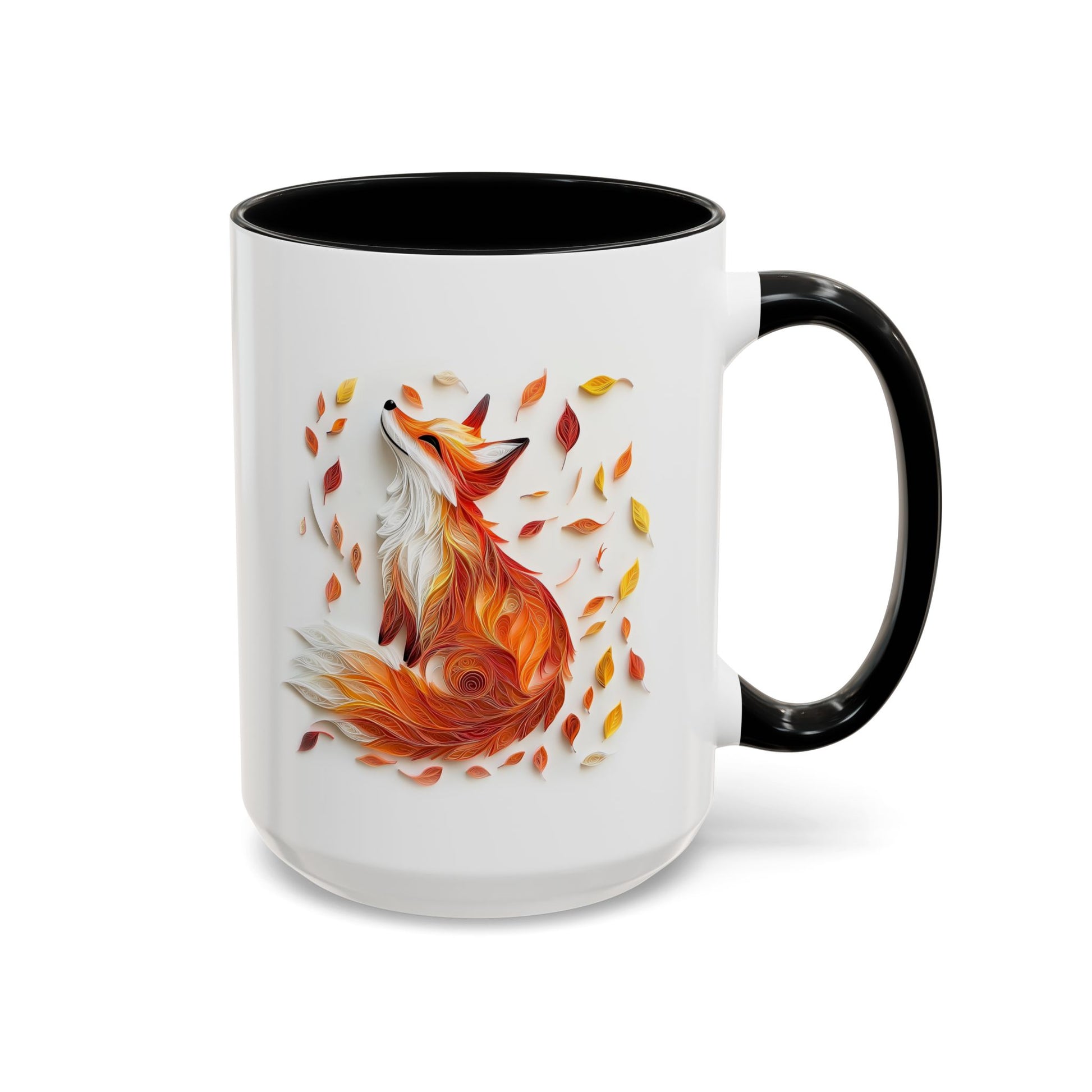 Fox in Fall Leaves, Paper Quilling Mug - Available in a variety of vibrant accent colors, and in 15oz and 11oz sizes. Dishwasher and microwave safe.
