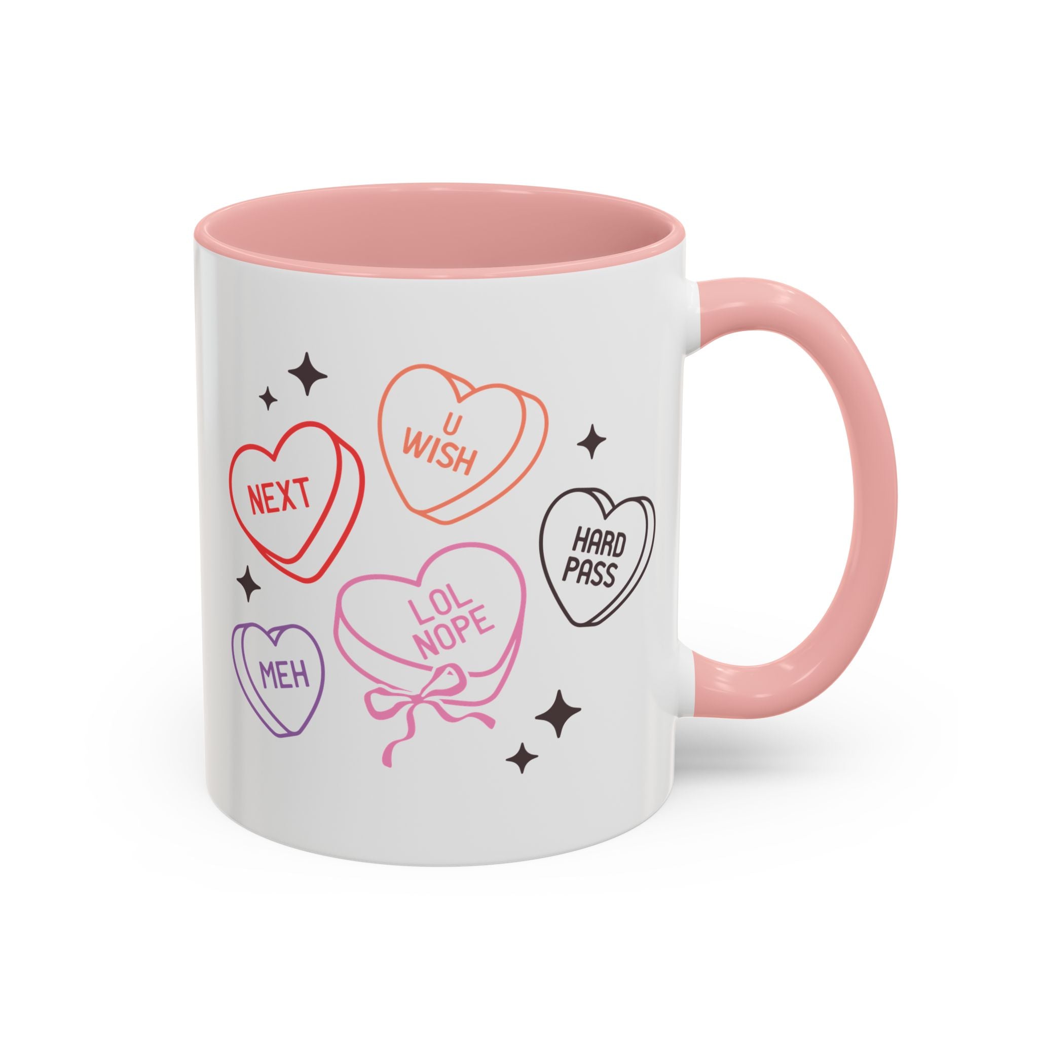 Candy Hearts, Anti-Valentine's Day Mug - Available in a variety of vibrant accent colors, and in 15oz and 11oz sizes. Dishwasher and microwave safe.