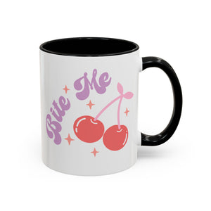 Bite Me, Anti-Valentine's Cherries Mug - Available in a variety of vibrant accent colors, and in 15oz and 11oz sizes. Dishwasher and microwave safe.