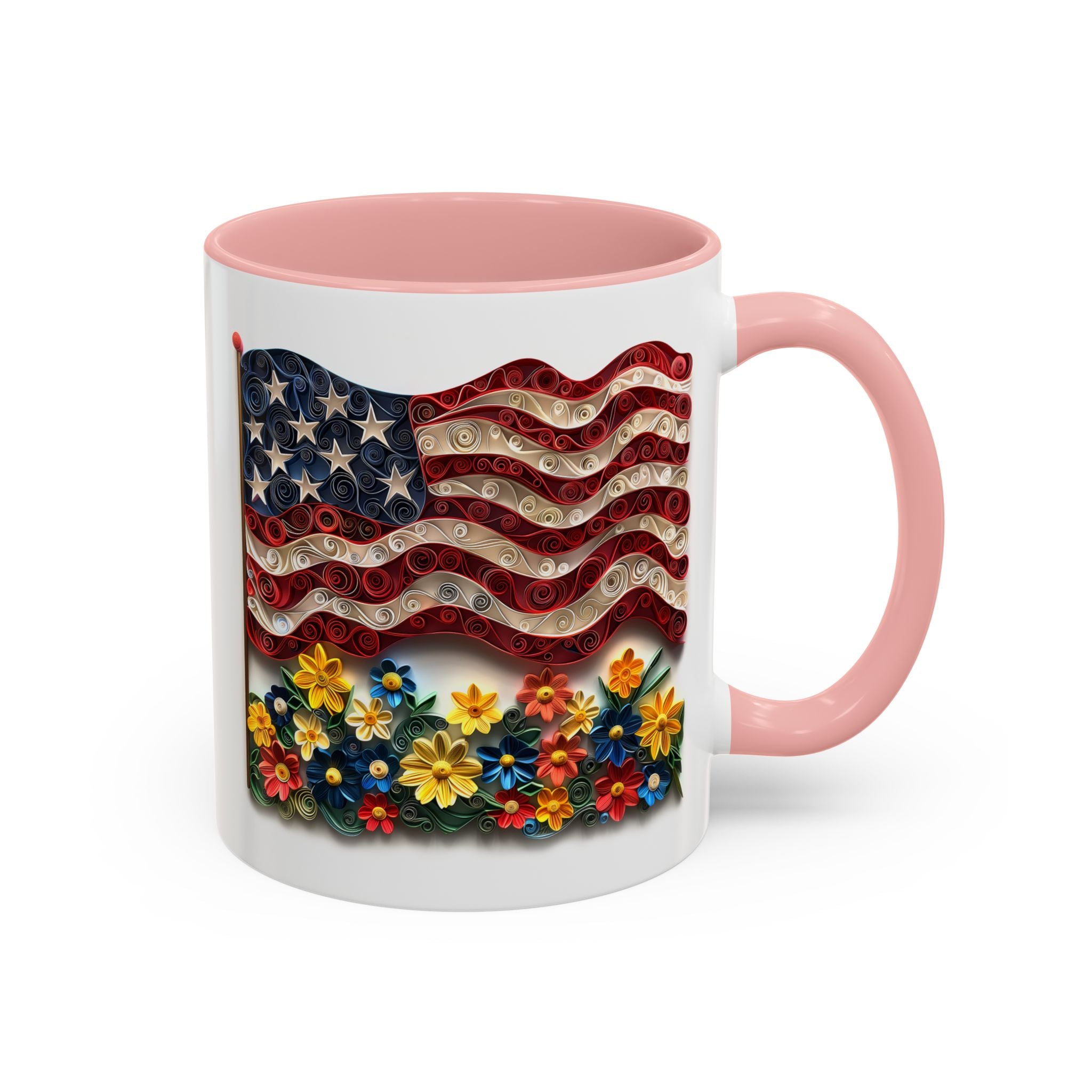 American Flag with Flowers, Paper Quilling Mug - Available in a variety of vibrant accent colors, and in 15oz and 11oz sizes. Dishwasher and microwave safe.