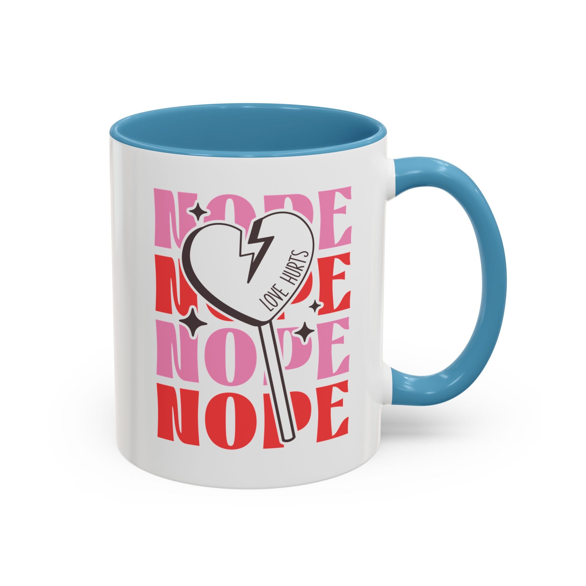 Nope, Love Hurts, Anti-Valentine's Day Mug - Available in a variety of vibrant accent colors, and in 15oz and 11oz sizes. Dishwasher and microwave safe.