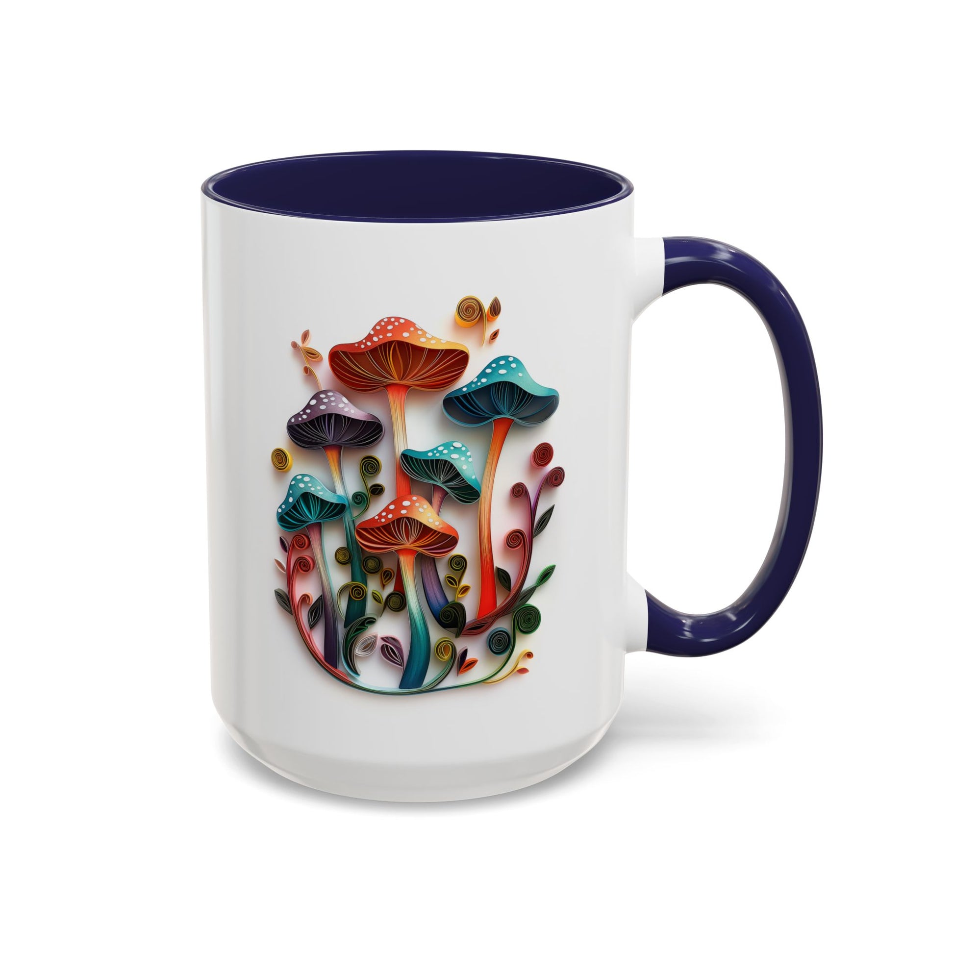 Whimsical Mushrooms, Paper Quilling Mug - Available in a variety of vibrant accent colors, and in 15oz and 11oz sizes. Dishwasher and microwave safe.