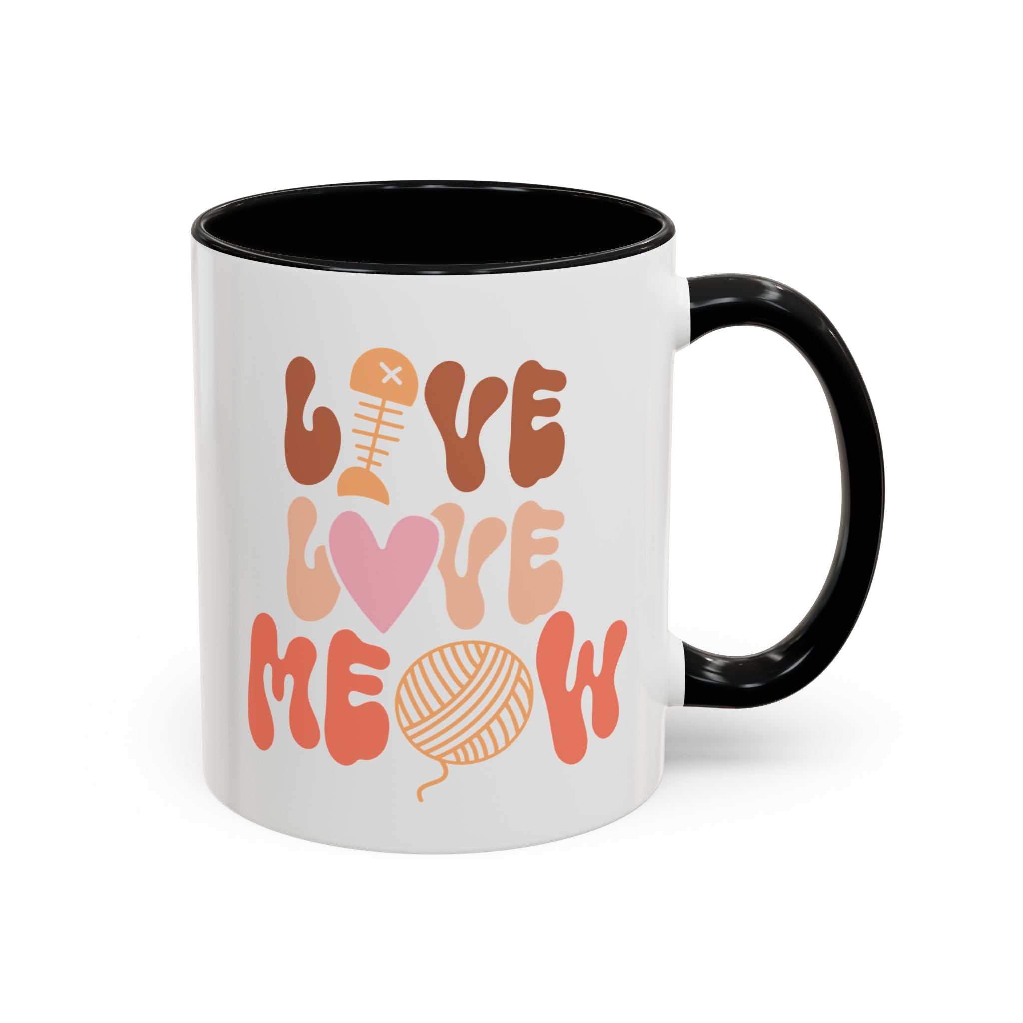 Live Love Meow, Cat Mug - Available in a variety of vibrant accent colors, and in 15oz and 11oz sizes. Dishwasher and microwave safe.