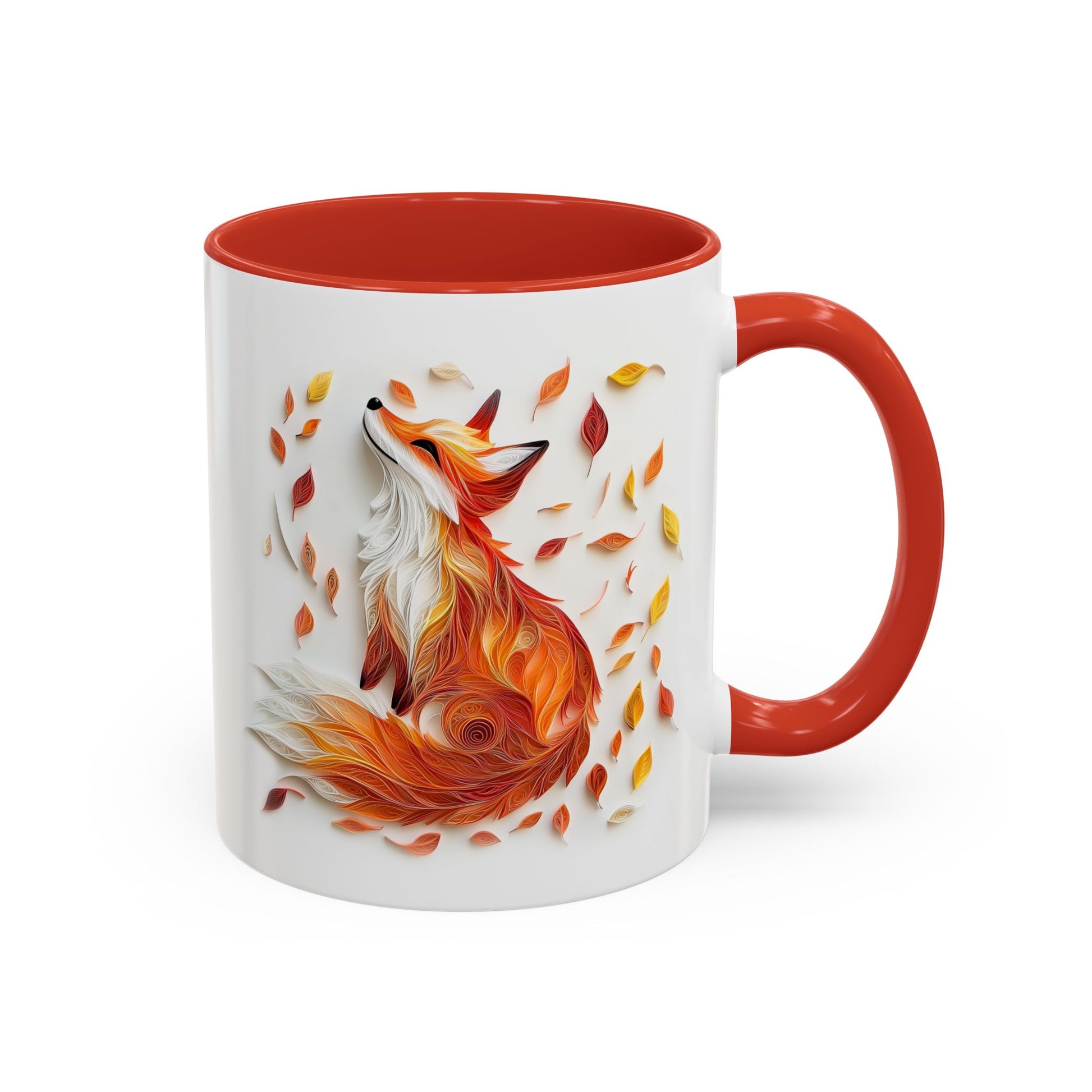 Fox in Fall Leaves, Paper Quilling Mug - Available in a variety of vibrant accent colors, and in 15oz and 11oz sizes. Dishwasher and microwave safe.