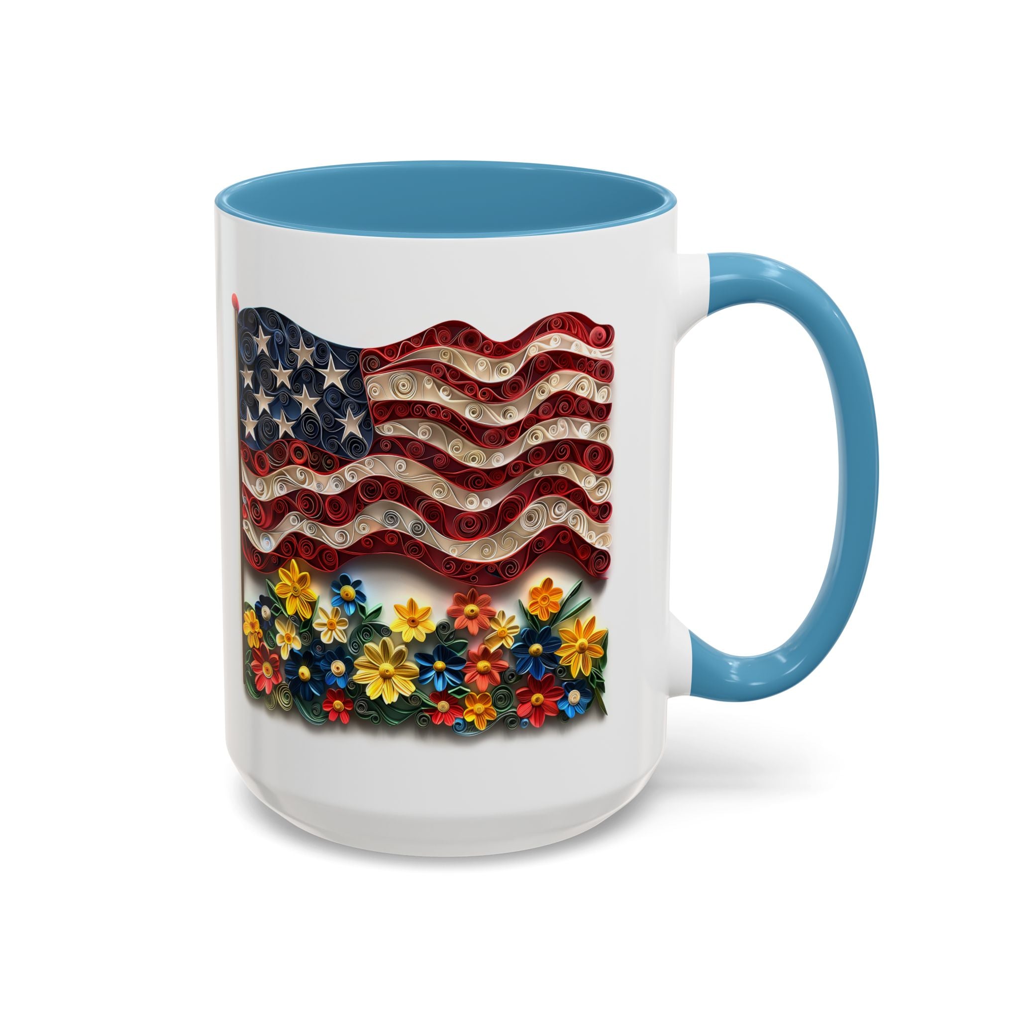 American Flag with Flowers, Paper Quilling Mug - Available in a variety of vibrant accent colors, and in 15oz and 11oz sizes. Dishwasher and microwave safe.