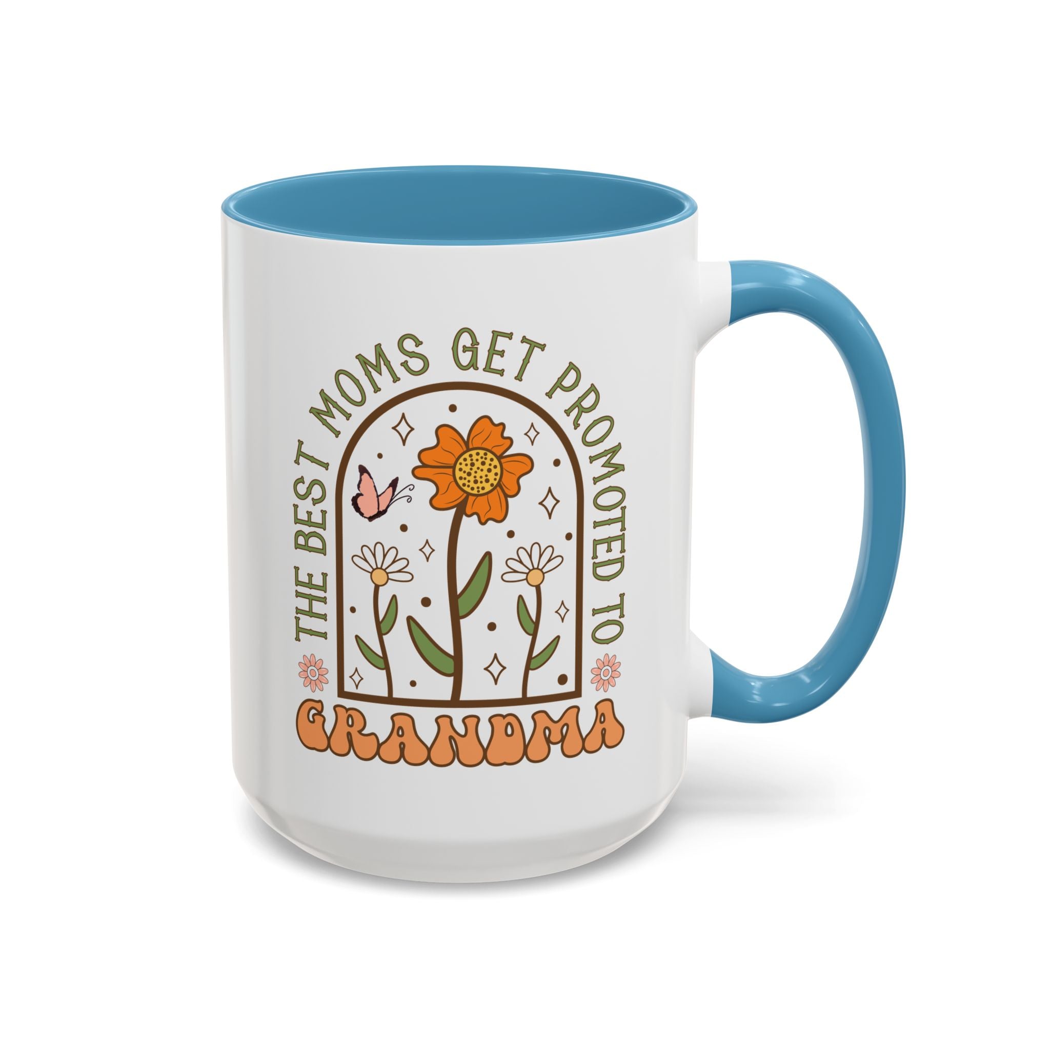 The Best Moms Get Promoted to Grandma, Flowers and Butterfly Mug - Available in a variety of vibrant accent colors, and in 15oz and 11oz sizes. Dishwasher and microwave safe.