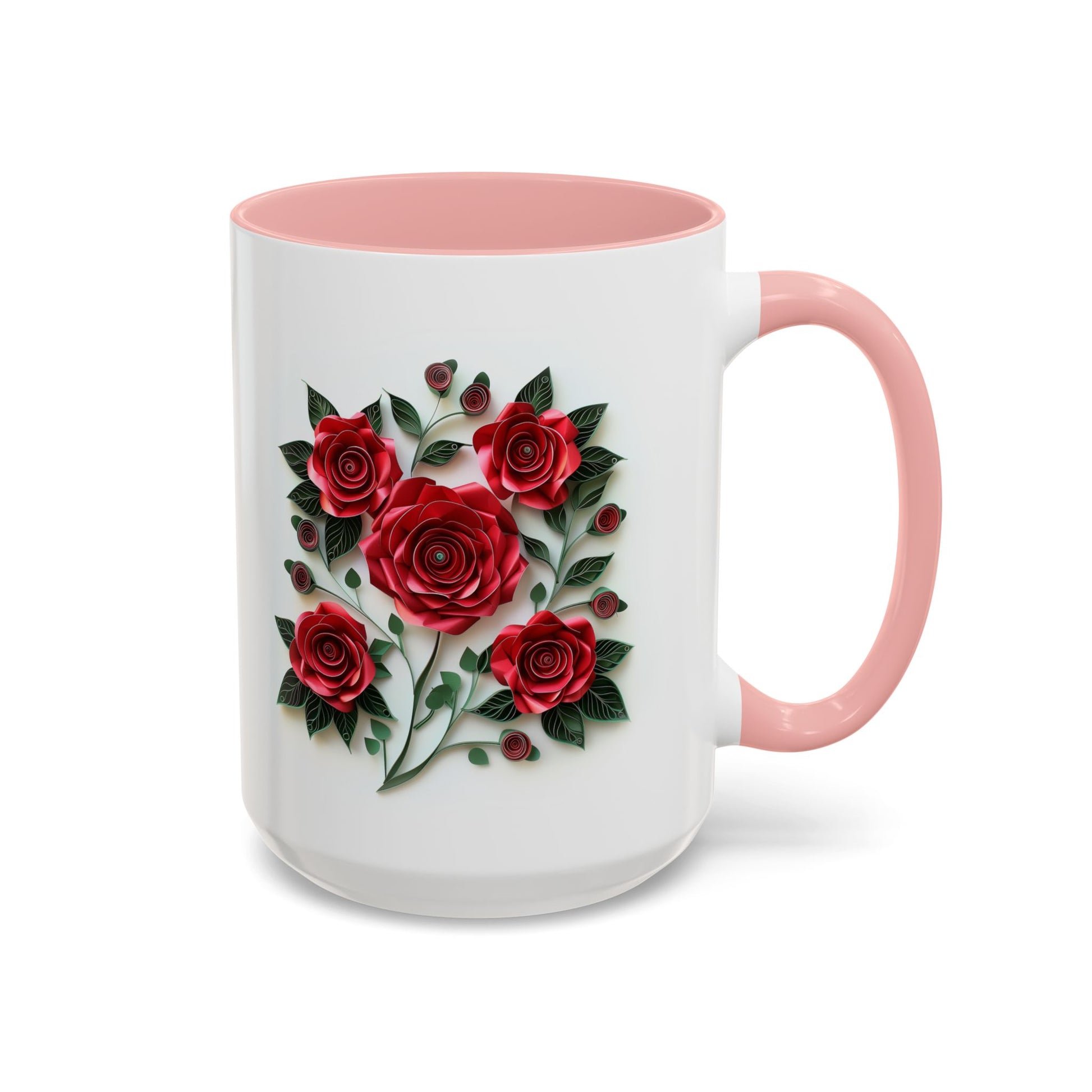 Red Roses, Paper Quilling Mug - Available in a variety of vibrant accent colors, and in 15oz and 11oz sizes. Dishwasher and microwave safe.