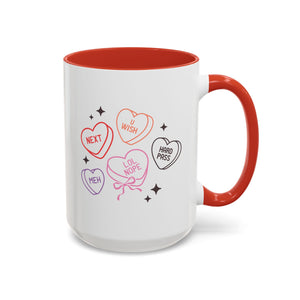 Candy Hearts, Anti-Valentine's Day Mug - Available in a variety of vibrant accent colors, and in 15oz and 11oz sizes. Dishwasher and microwave safe.