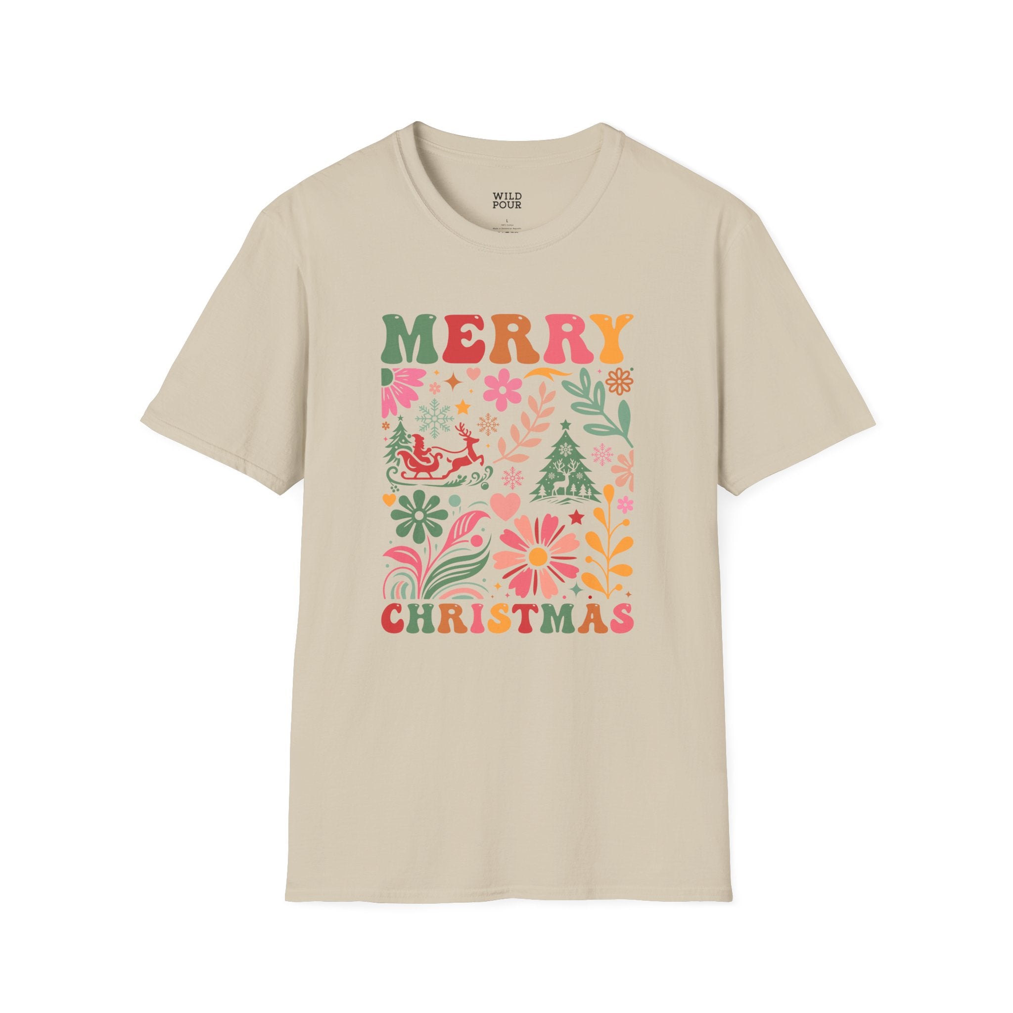 Merry Christmas, Boho Flowers Tee-Adult Tees-Wild Pour