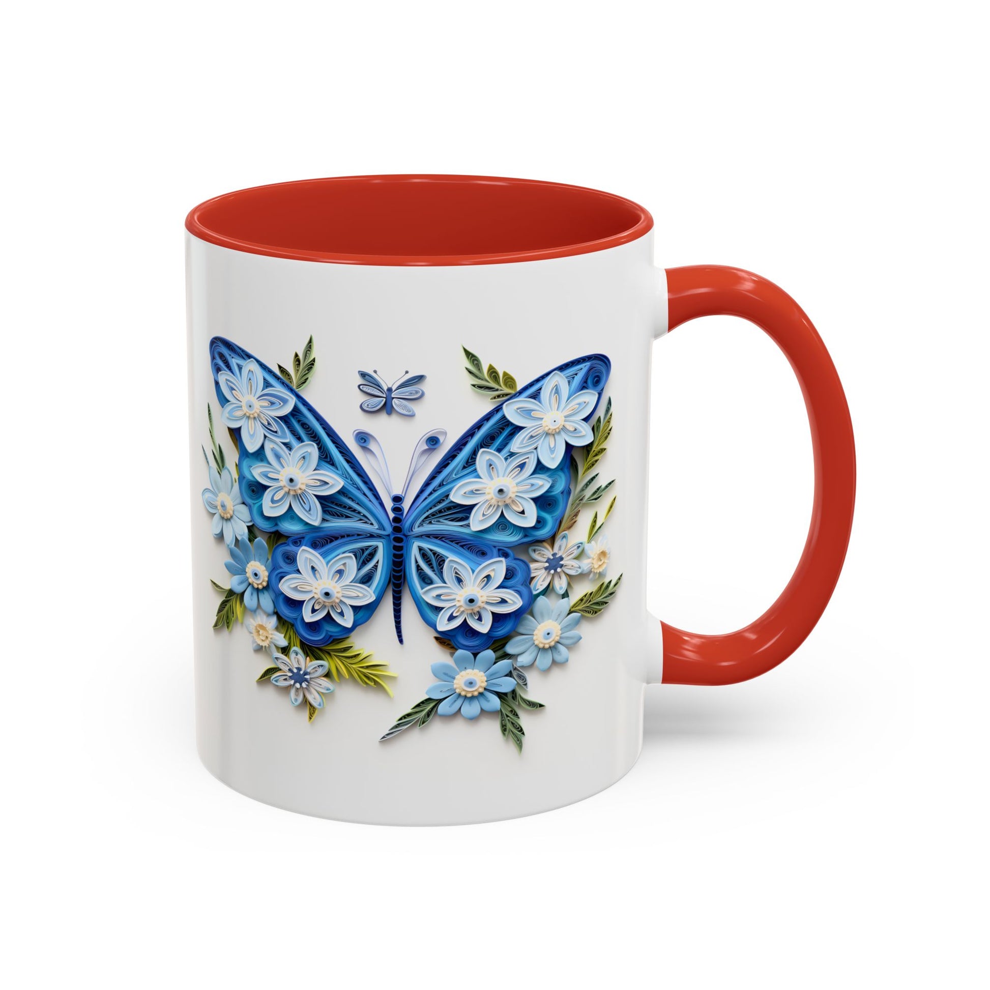 Blue Butterfly, Paper Quilling Mug - Available in a variety of vibrant accent colors, and in 15oz and 11oz sizes. Dishwasher and microwave safe.