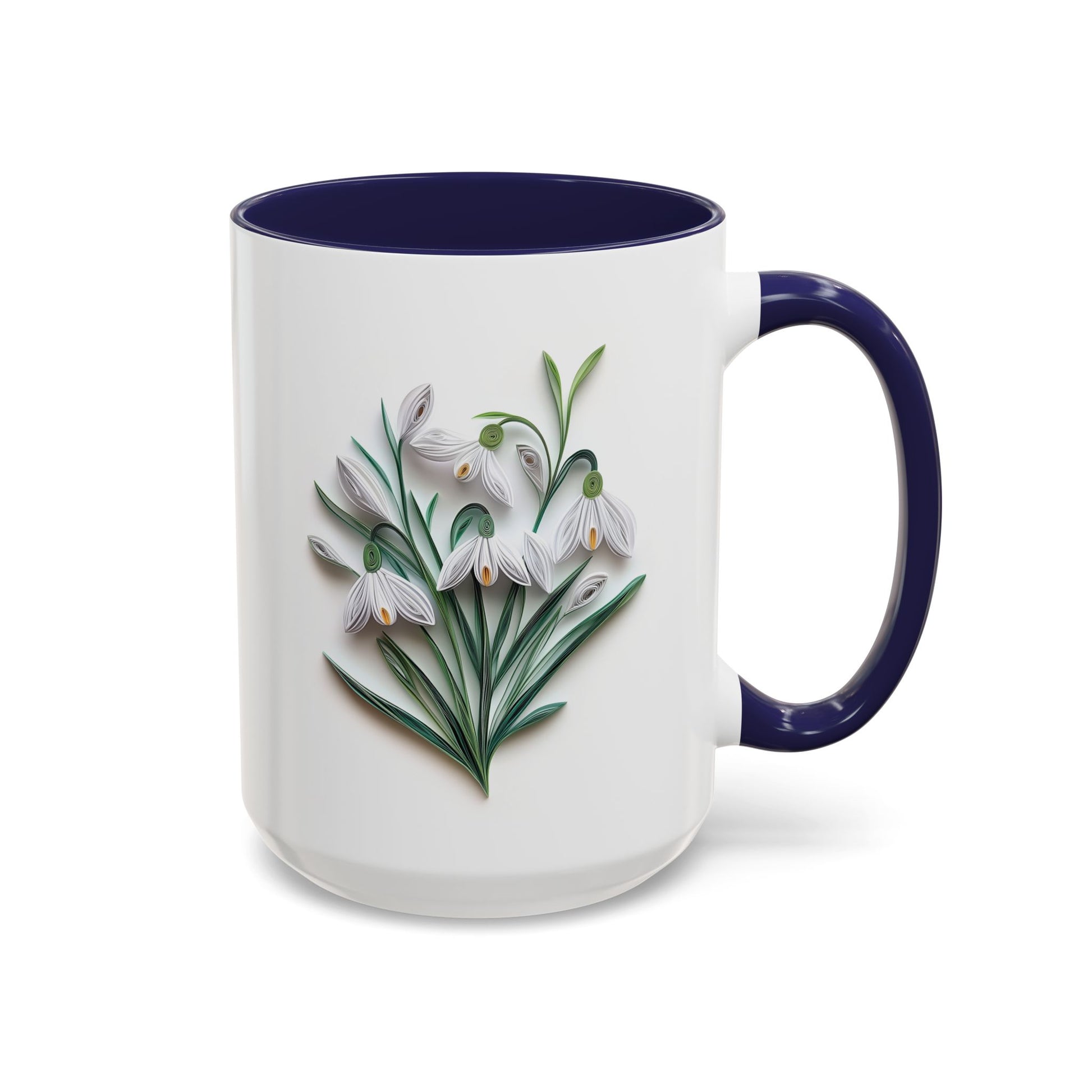 January Snowdrop, Birth Month Paper Quilling Mug - Available in a variety of vibrant accent colors, and in 15oz and 11oz sizes. Dishwasher and microwave safe.