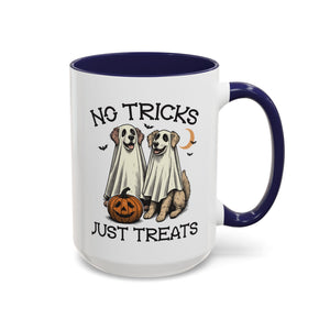 No Tricks, Just Treats - Vintage Dog Mug - Available in a variety of vibrant accent colors, and in 15oz and 11oz sizes. Dishwasher and microwave safe.