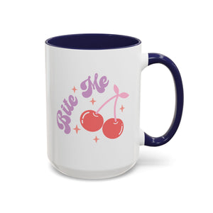 Bite Me, Anti-Valentine's Cherries Mug - Available in a variety of vibrant accent colors, and in 15oz and 11oz sizes. Dishwasher and microwave safe.