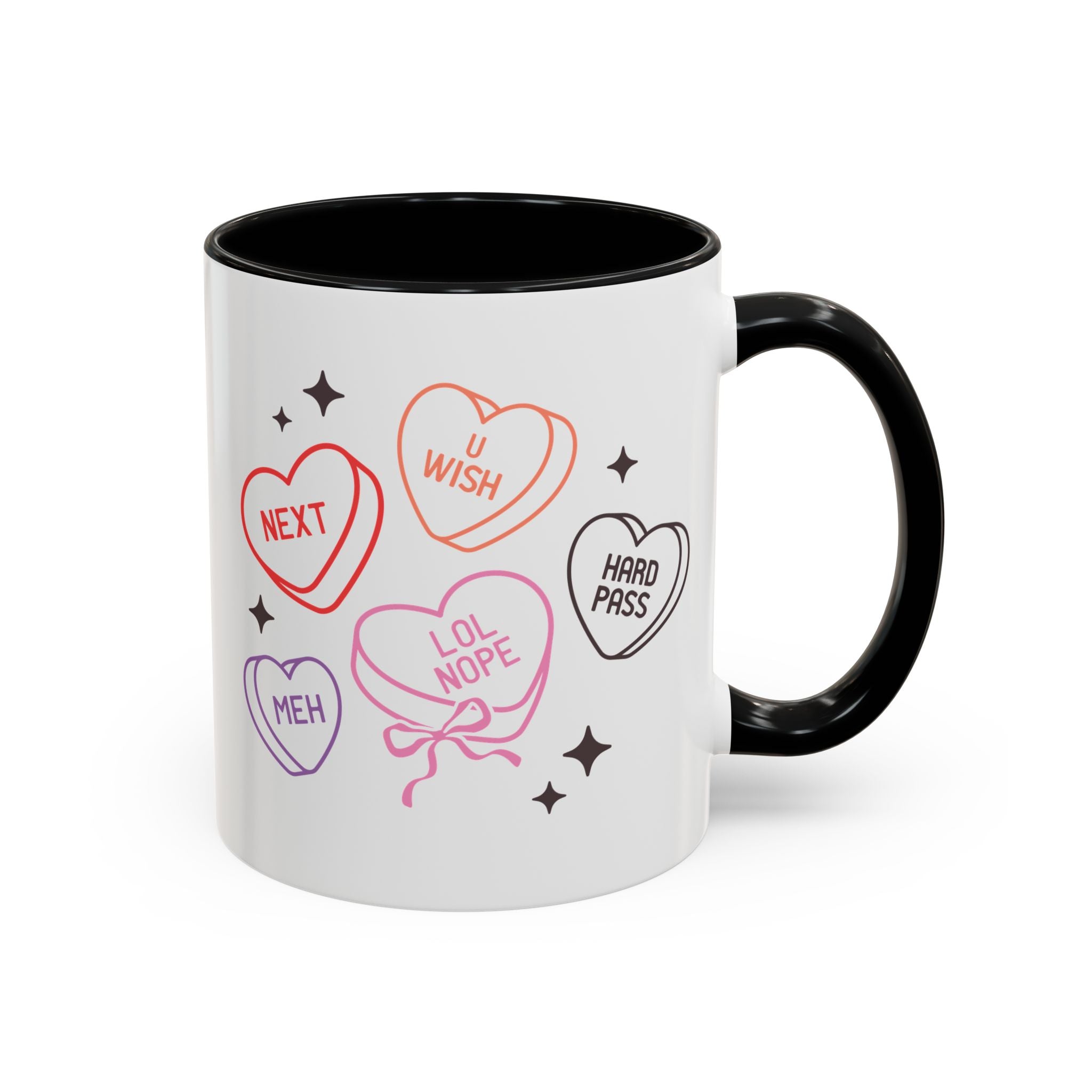 Candy Hearts, Anti-Valentine's Day Mug - Available in a variety of vibrant accent colors, and in 15oz and 11oz sizes. Dishwasher and microwave safe.