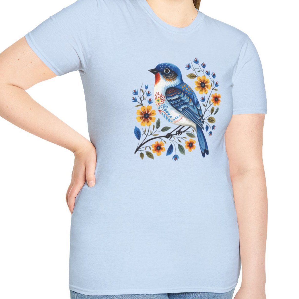 Blue Bird, Folk Art Tee-Adult Tees-Wild Pour