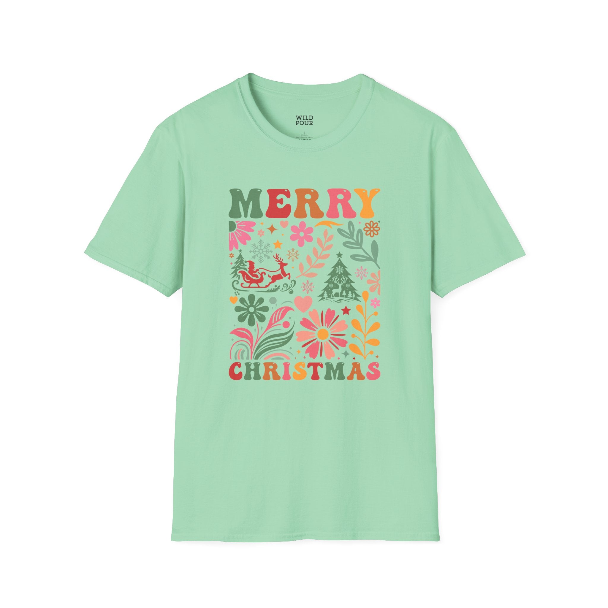 Merry Christmas, Boho Flowers Tee-Adult Tees-Wild Pour