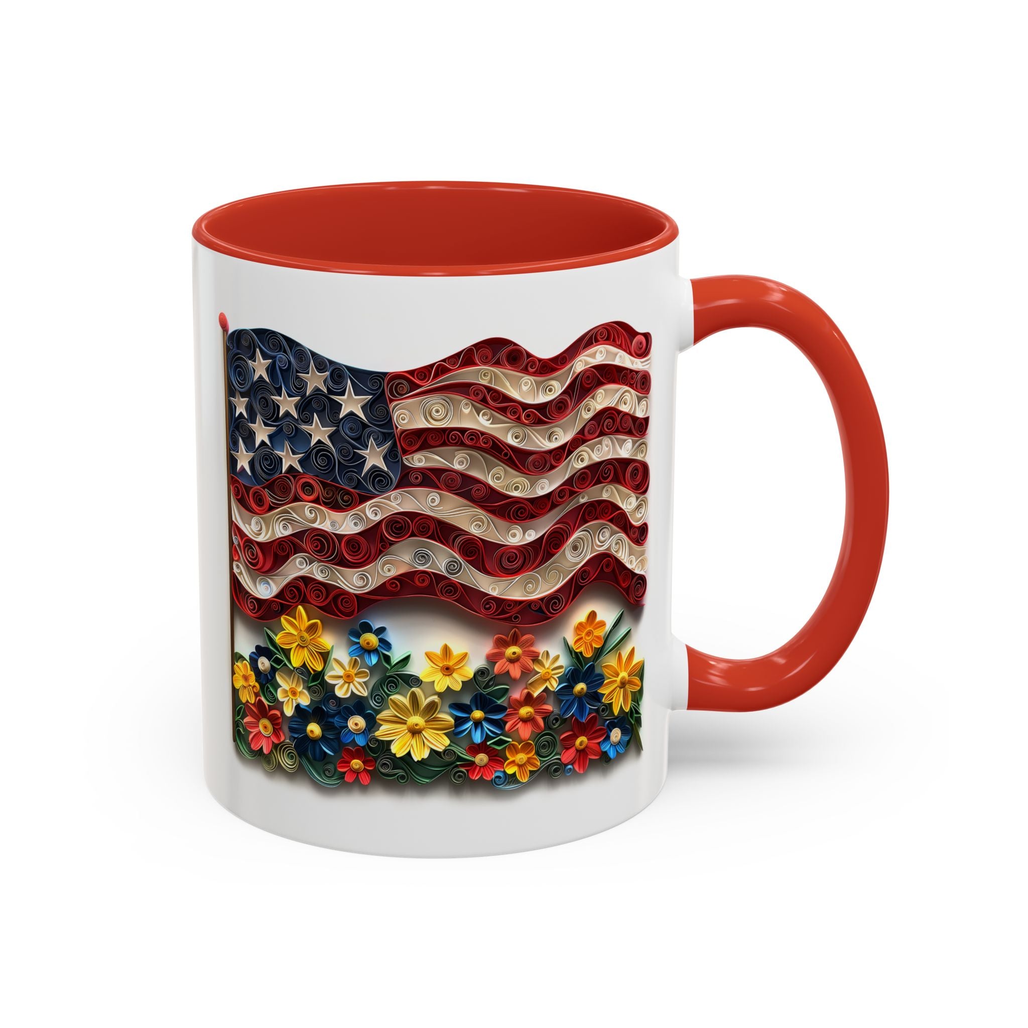 American Flag with Flowers, Paper Quilling Mug - Available in a variety of vibrant accent colors, and in 15oz and 11oz sizes. Dishwasher and microwave safe.