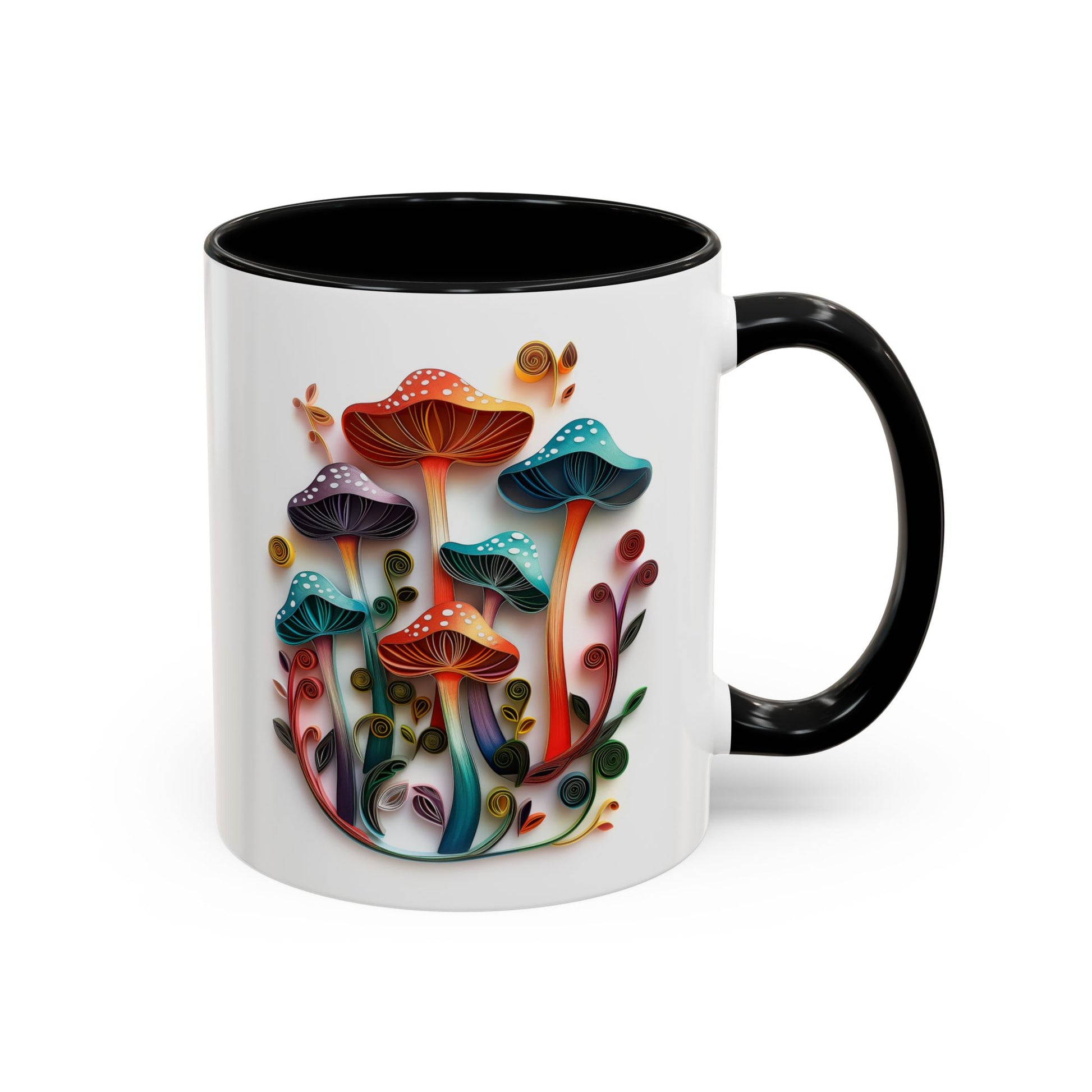Whimsical Mushrooms, Paper Quilling Mug - Available in a variety of vibrant accent colors, and in 15oz and 11oz sizes. Dishwasher and microwave safe.