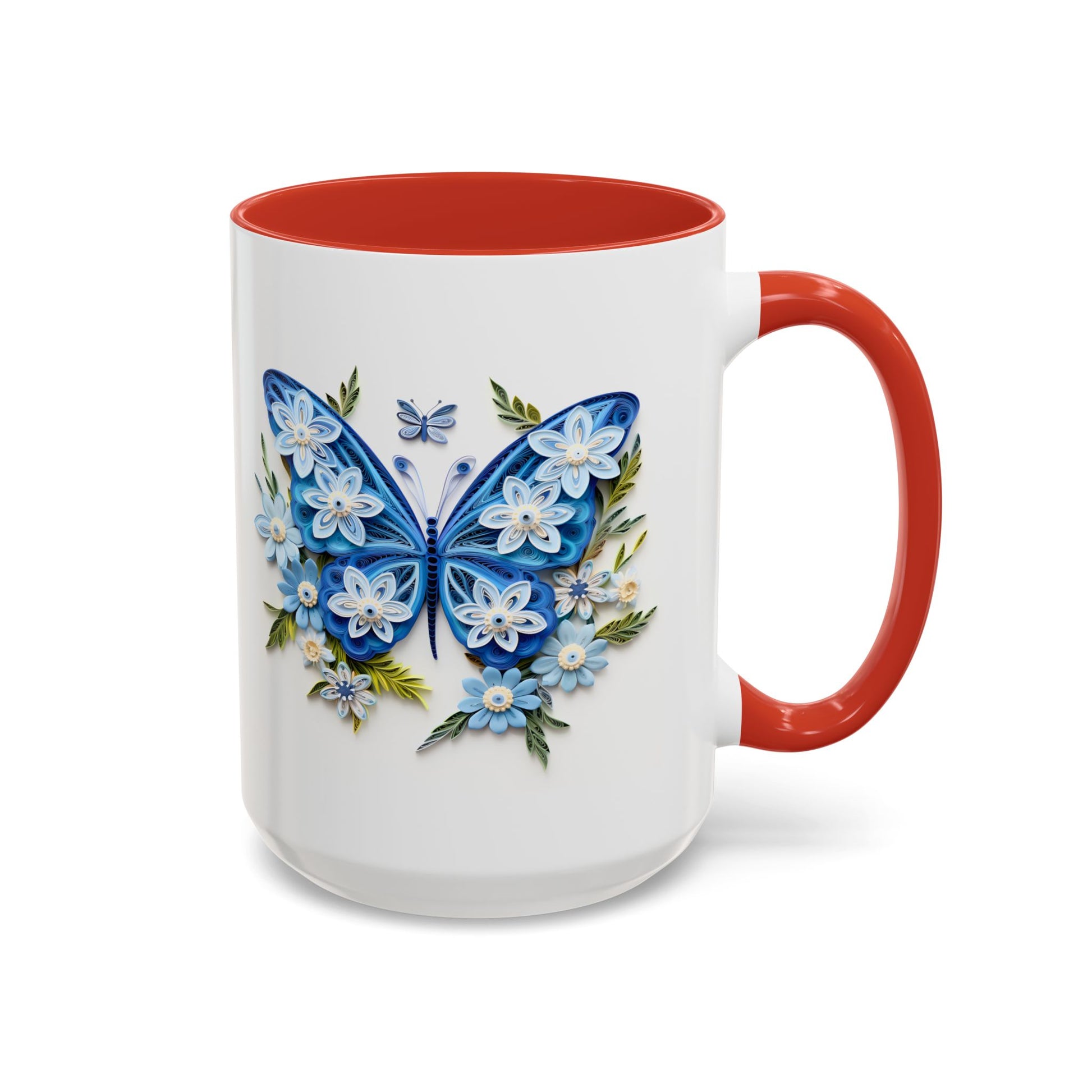 Blue Butterfly, Paper Quilling Mug - Available in a variety of vibrant accent colors, and in 15oz and 11oz sizes. Dishwasher and microwave safe.