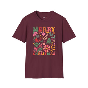 Merry Christmas, Boho Flowers Tee-Adult Tees-Wild Pour