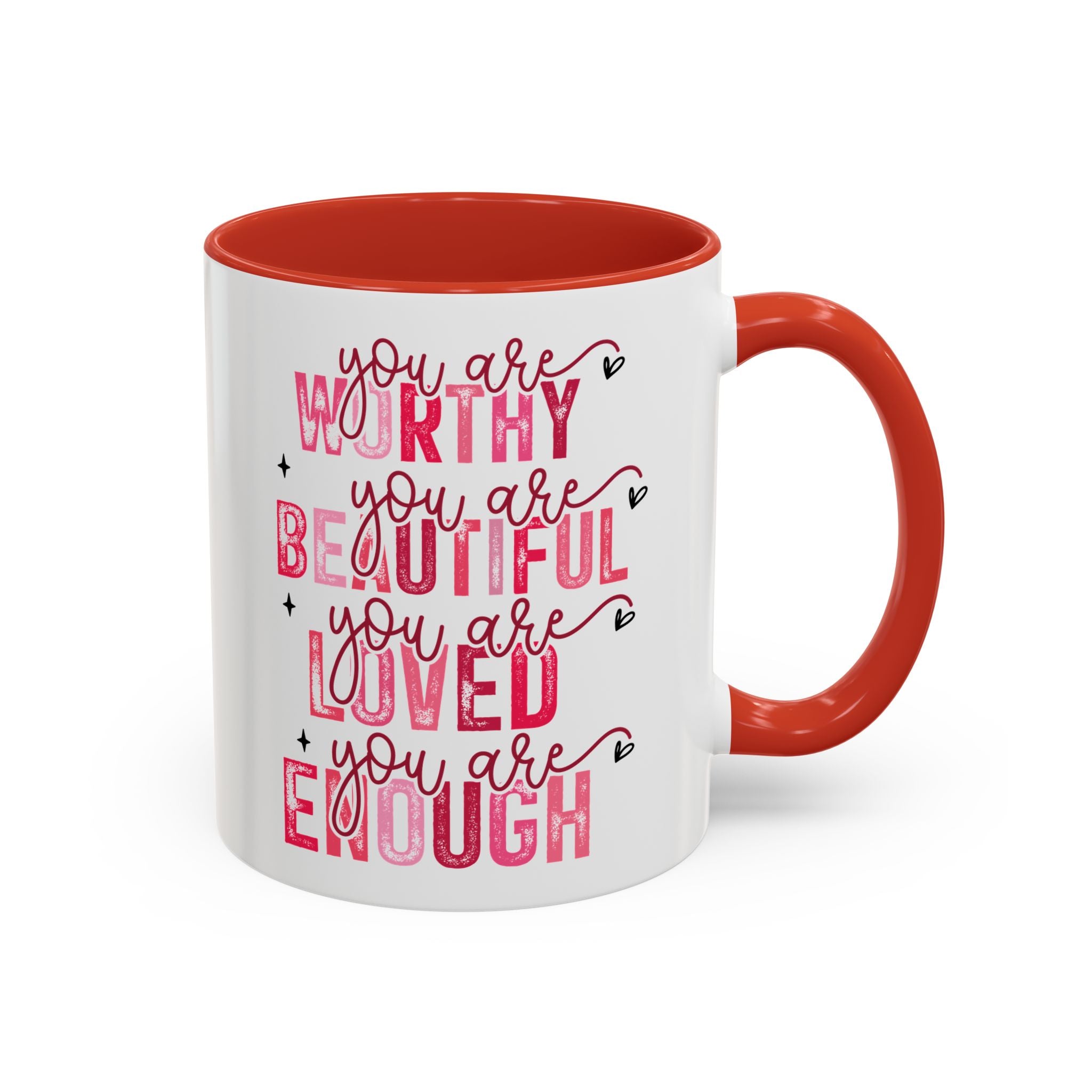 You Are Loved, Valentine's Day Positivity Mug - Available in a variety of vibrant accent colors, and in 15oz and 11oz sizes. Dishwasher and microwave safe.