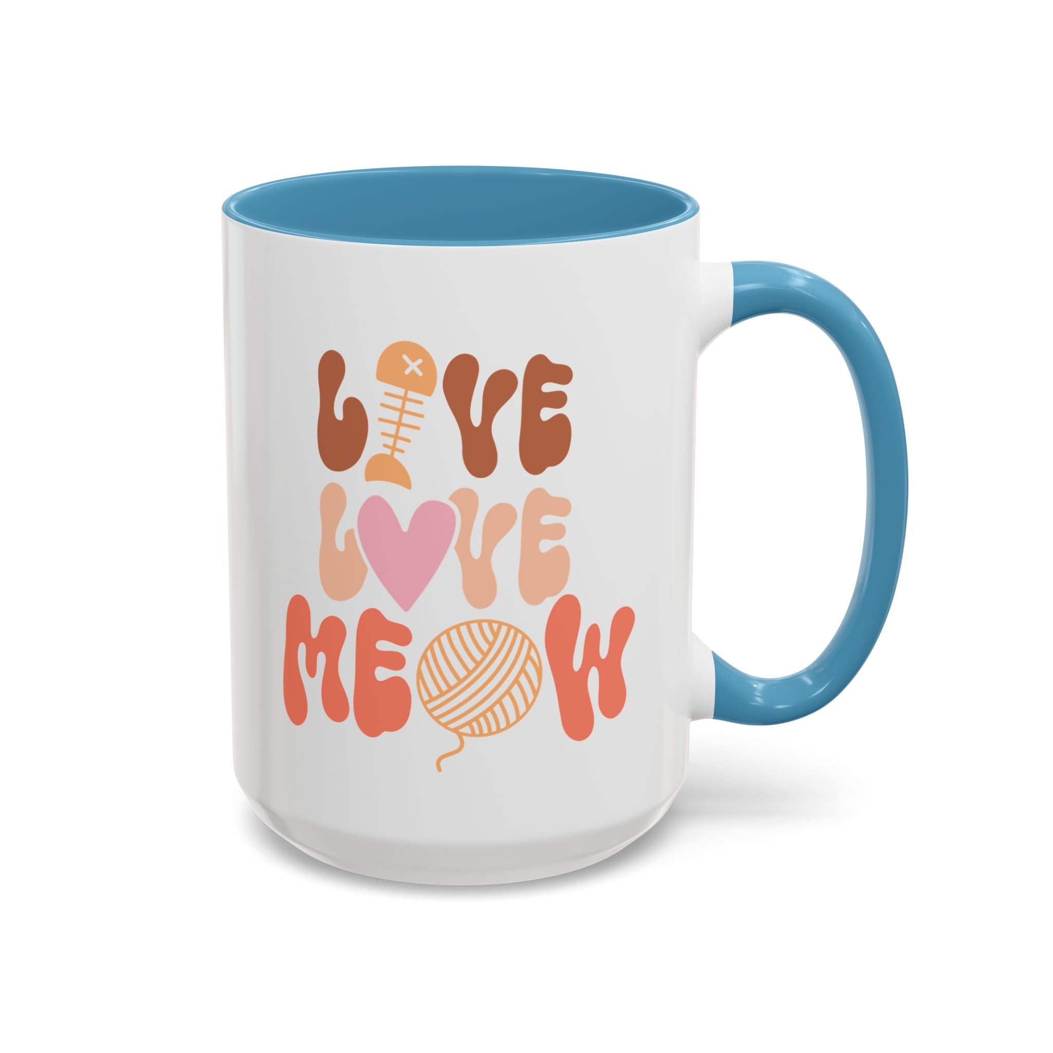 Live Love Meow, Cat Mug - Available in a variety of vibrant accent colors, and in 15oz and 11oz sizes. Dishwasher and microwave safe.