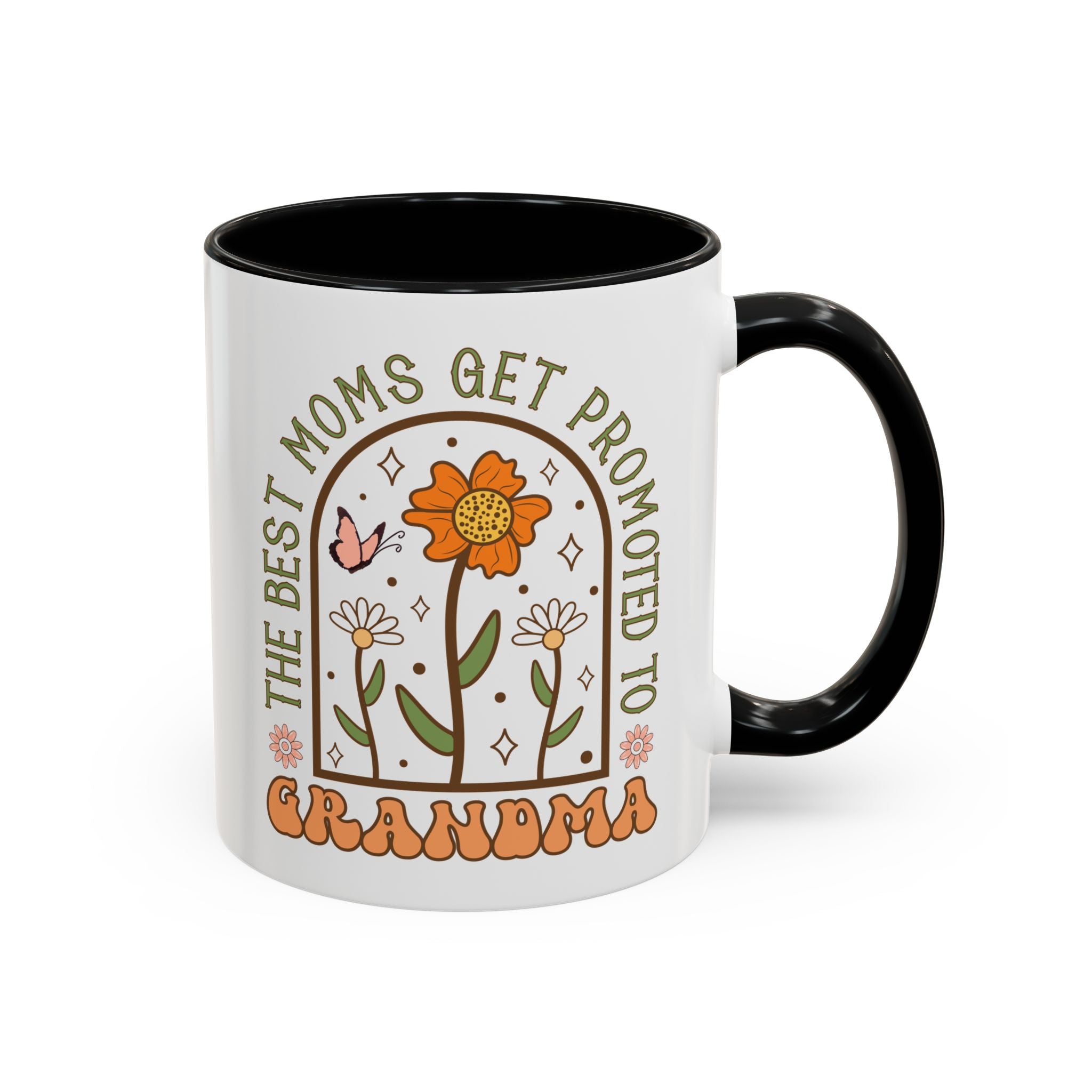 The Best Moms Get Promoted to Grandma, Flowers and Butterfly Mug - Available in a variety of vibrant accent colors, and in 15oz and 11oz sizes. Dishwasher and microwave safe.