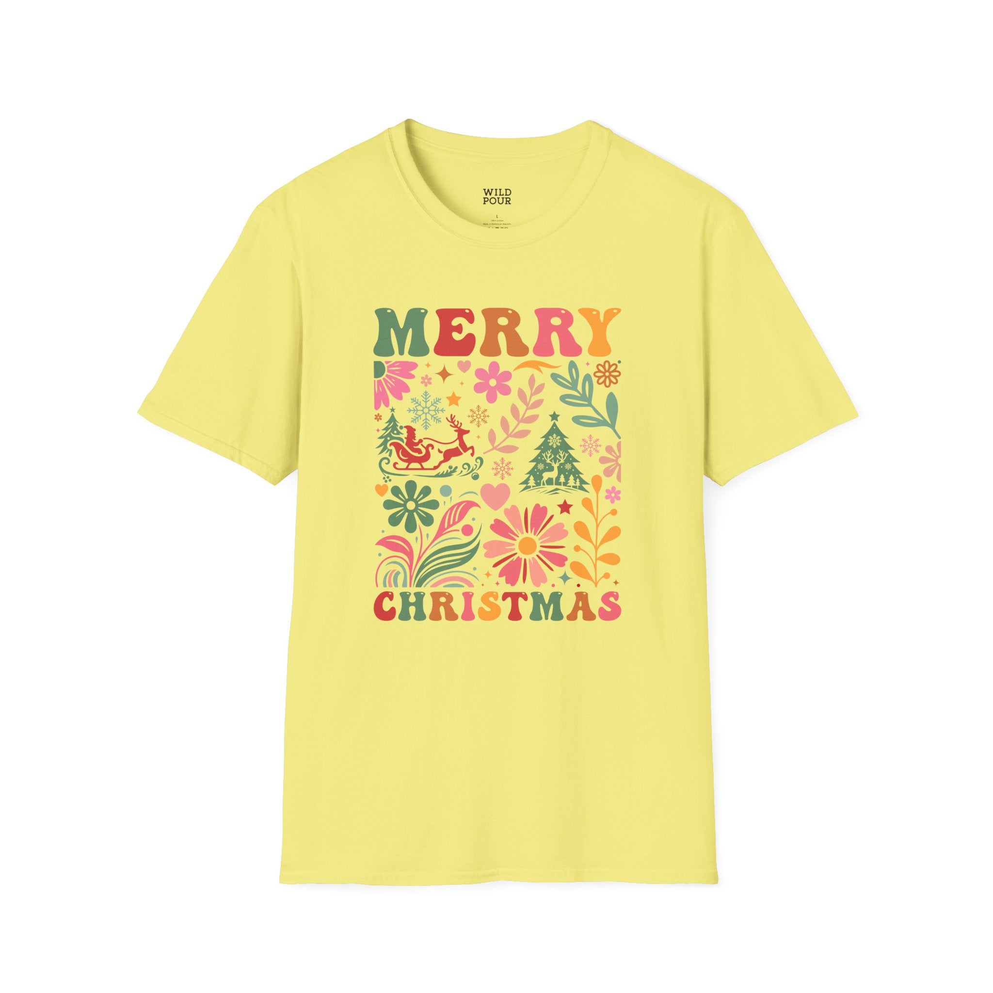 Merry Christmas, Boho Flowers Tee-Adult Tees-Wild Pour