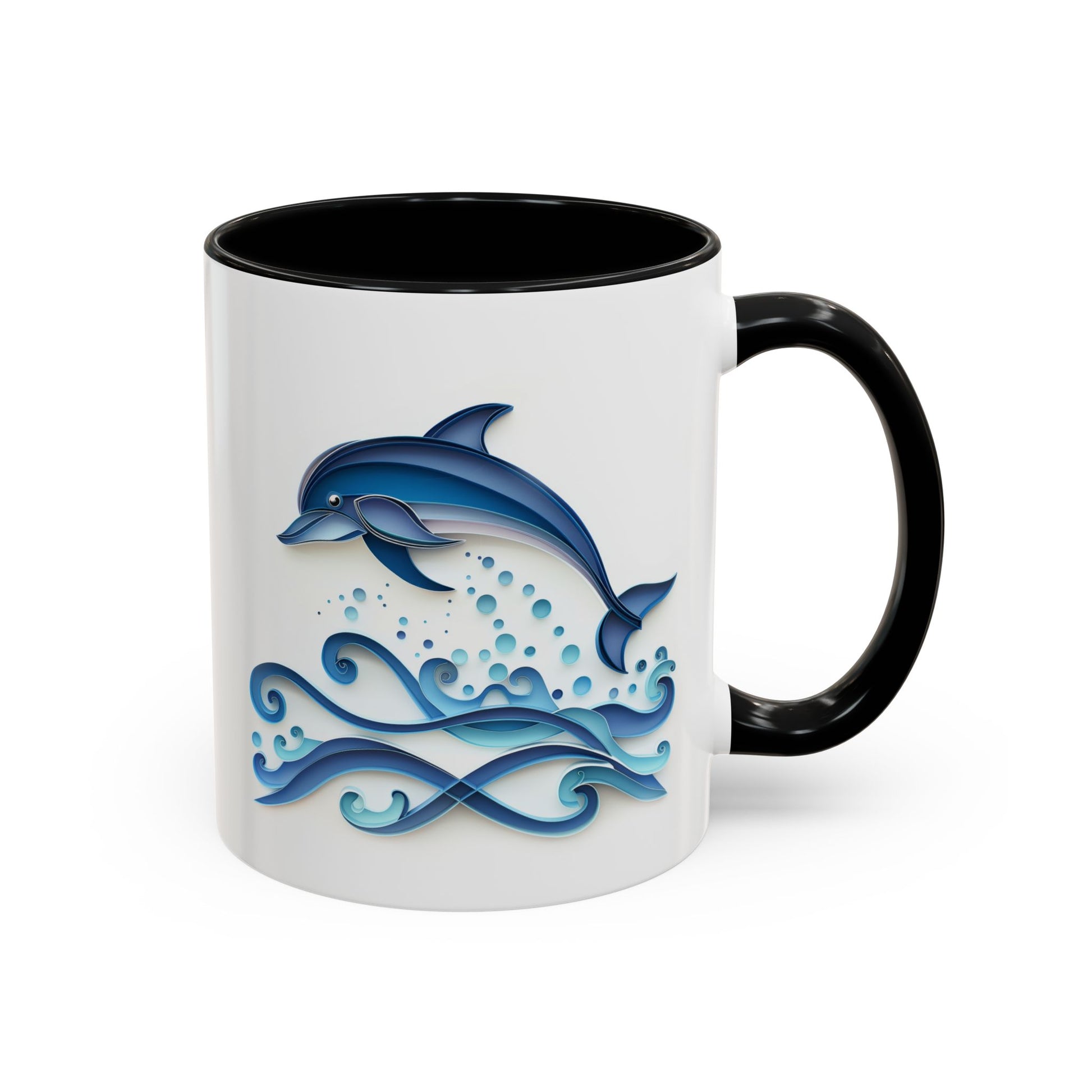 Dolphin, Paper Quilling Mug - Available in a variety of vibrant accent colors, and in 15oz and 11oz sizes. Dishwasher and microwave safe.
