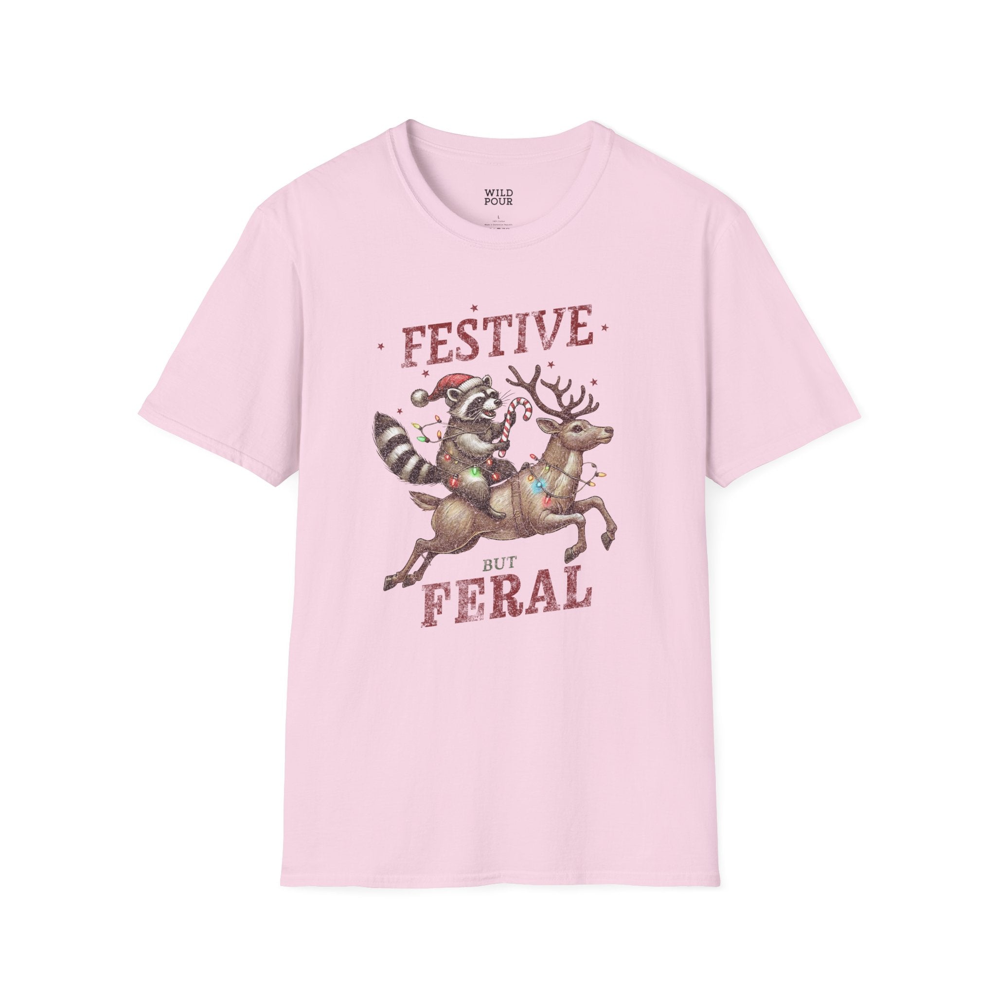 Festive But Feral, Christmas Raccoon Tee-Adult Tees-Wild Pour