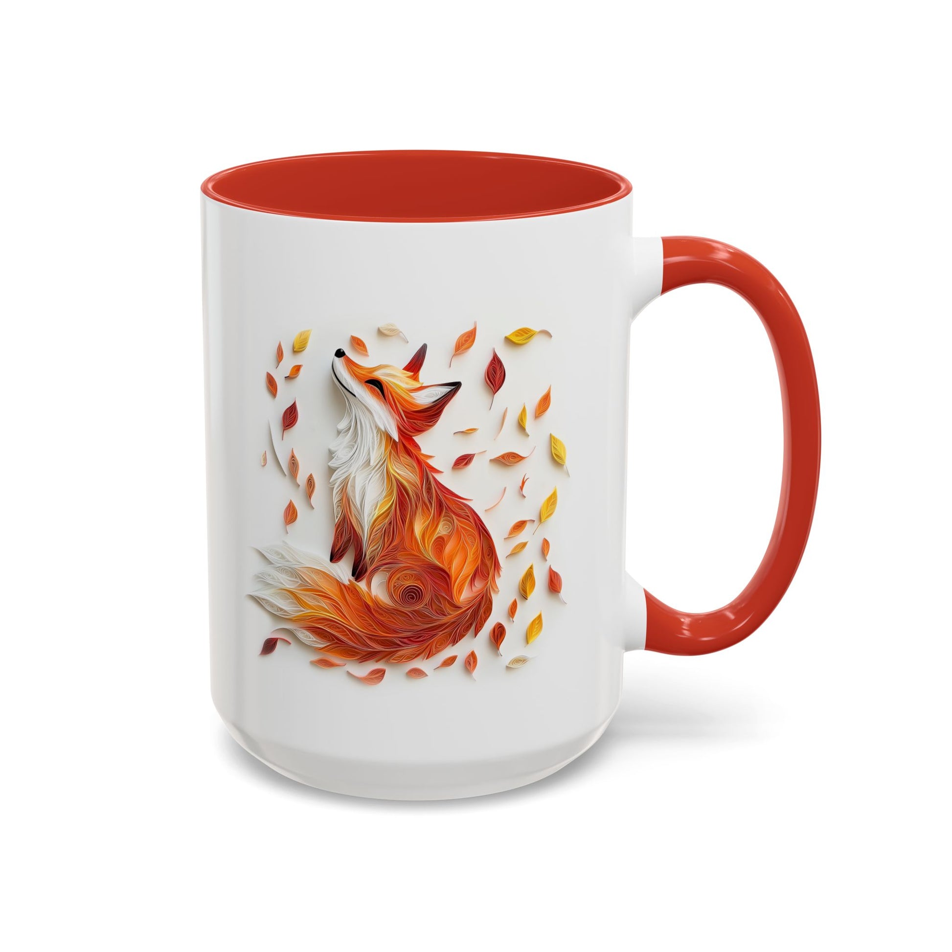 Fox in Fall Leaves, Paper Quilling Mug - Available in a variety of vibrant accent colors, and in 15oz and 11oz sizes. Dishwasher and microwave safe.