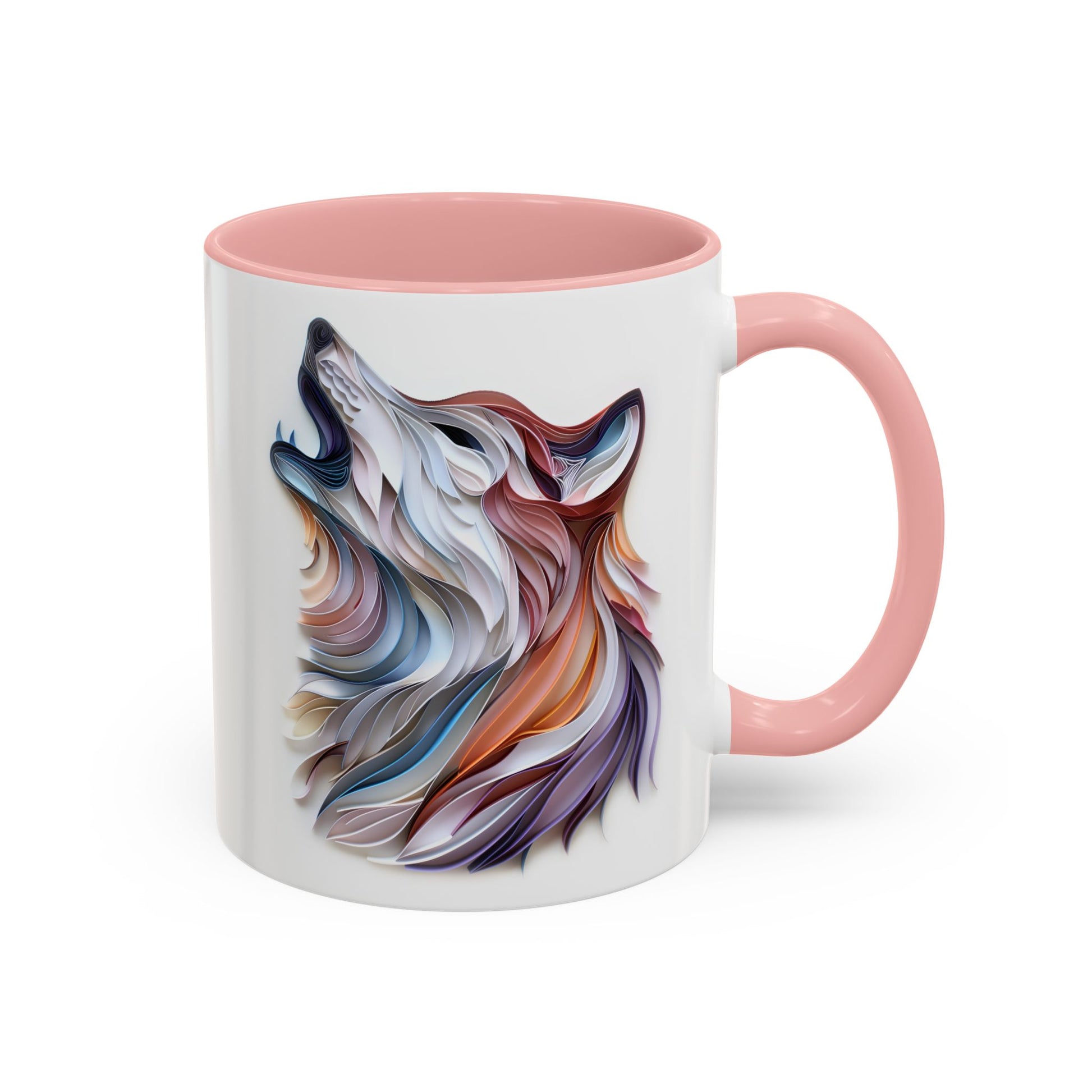 Howling Wolf, Paper Quilling Mug - Available in a variety of vibrant accent colors, and in 15oz and 11oz sizes. Dishwasher and microwave safe.