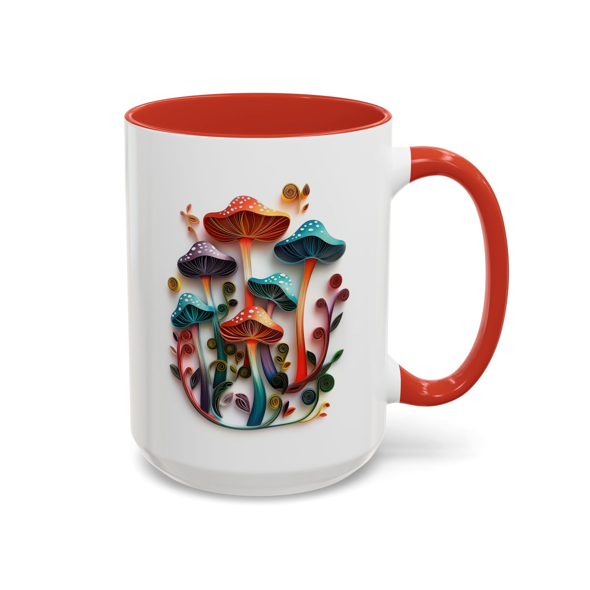 Whimsical Mushrooms, Paper Quilling Mug - Available in a variety of vibrant accent colors, and in 15oz and 11oz sizes. Dishwasher and microwave safe.