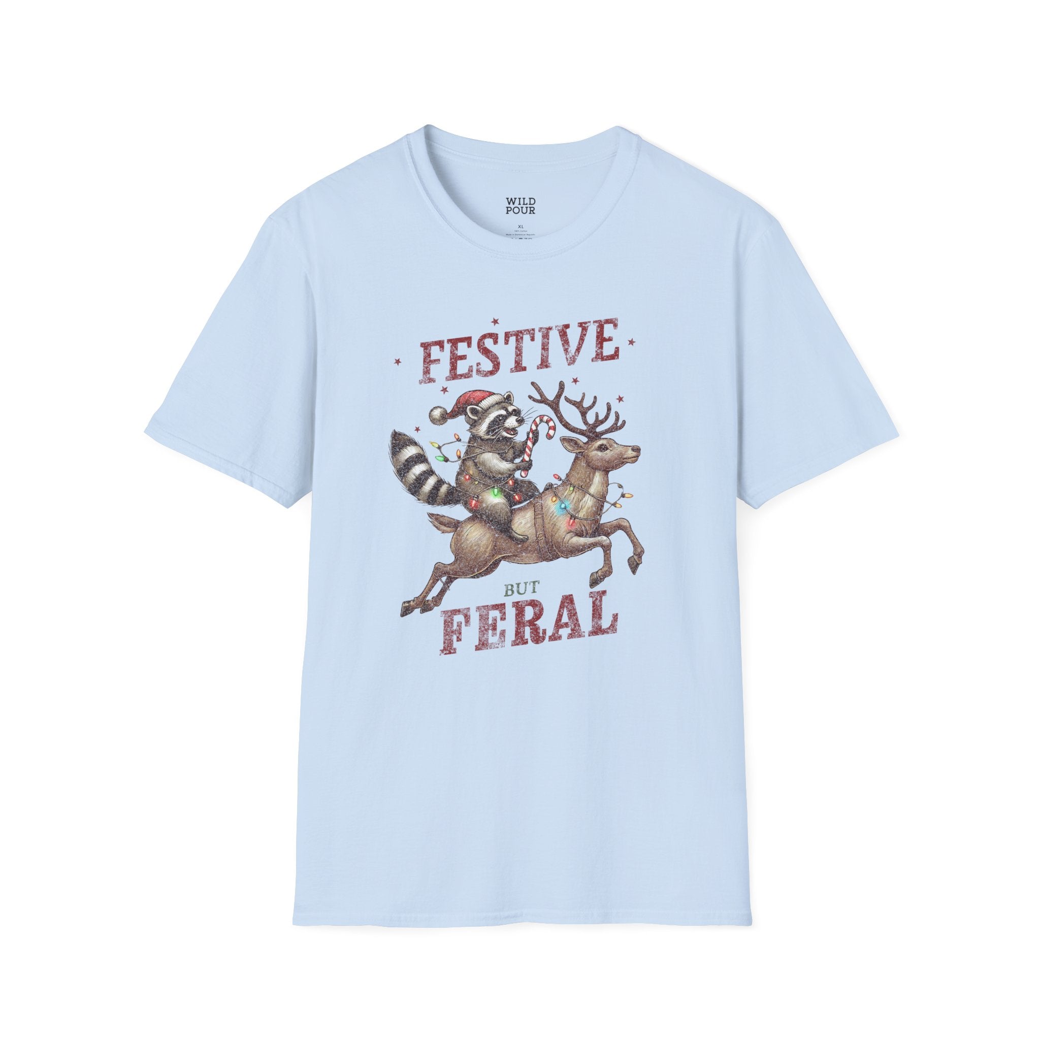 Festive But Feral, Christmas Raccoon Tee-Adult Tees-Wild Pour