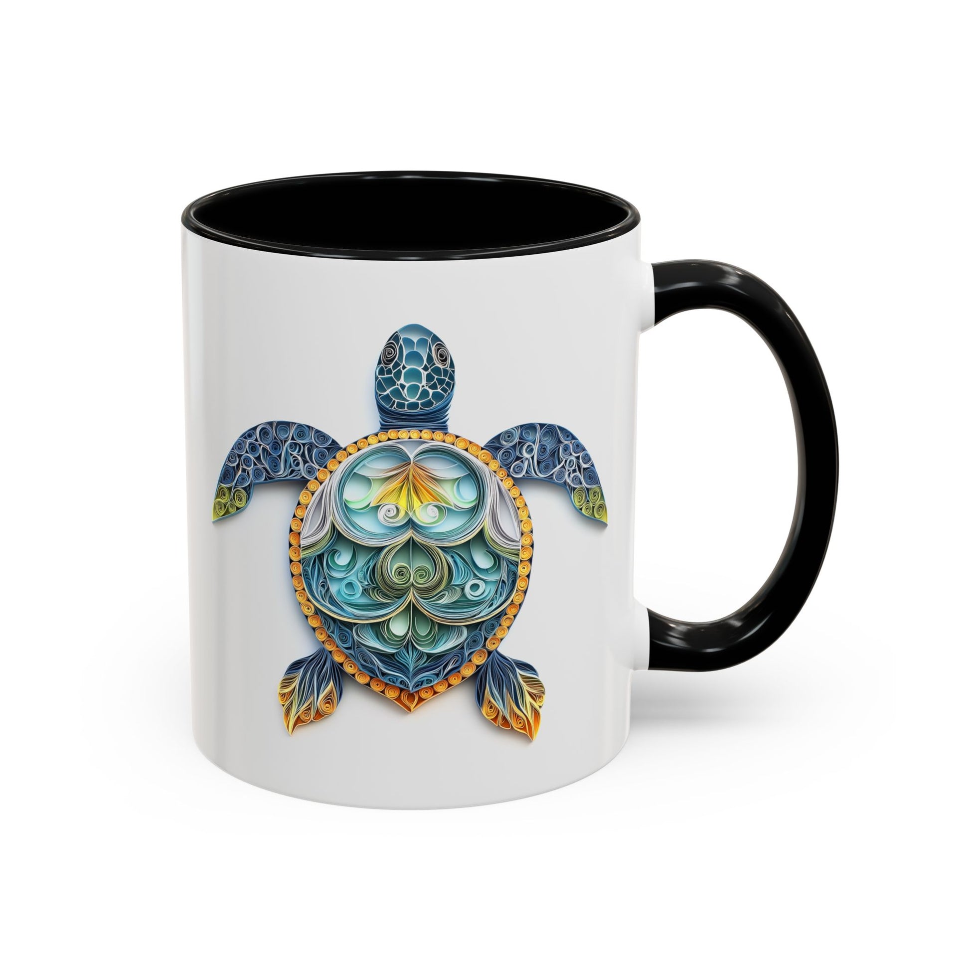 Sea Turtle, Paper Quilling Mug - Available in a variety of vibrant accent colors, and in 15oz and 11oz sizes. Dishwasher and microwave safe.