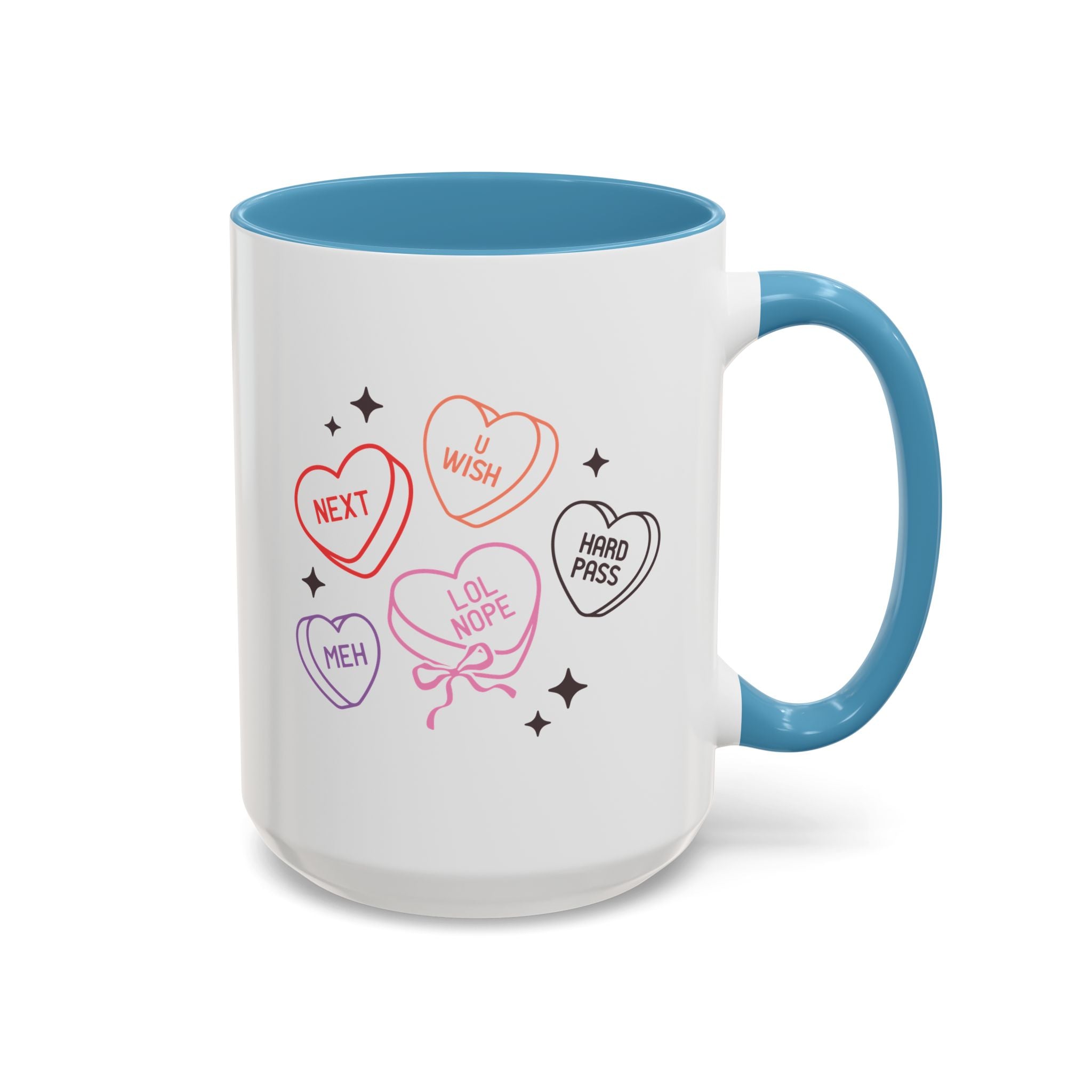 Candy Hearts, Anti-Valentine's Day Mug - Available in a variety of vibrant accent colors, and in 15oz and 11oz sizes. Dishwasher and microwave safe.