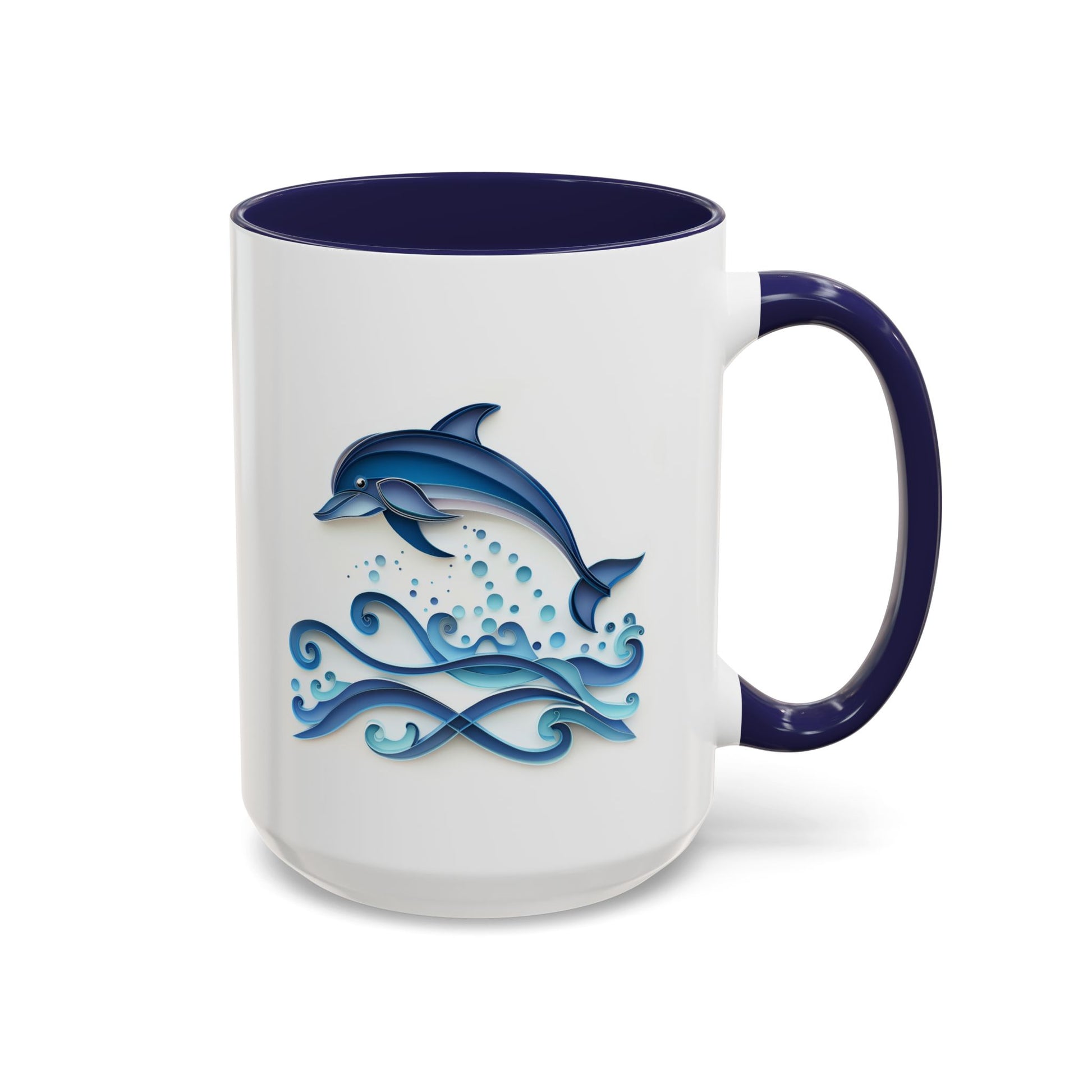 Dolphin, Paper Quilling Mug - Available in a variety of vibrant accent colors, and in 15oz and 11oz sizes. Dishwasher and microwave safe.
