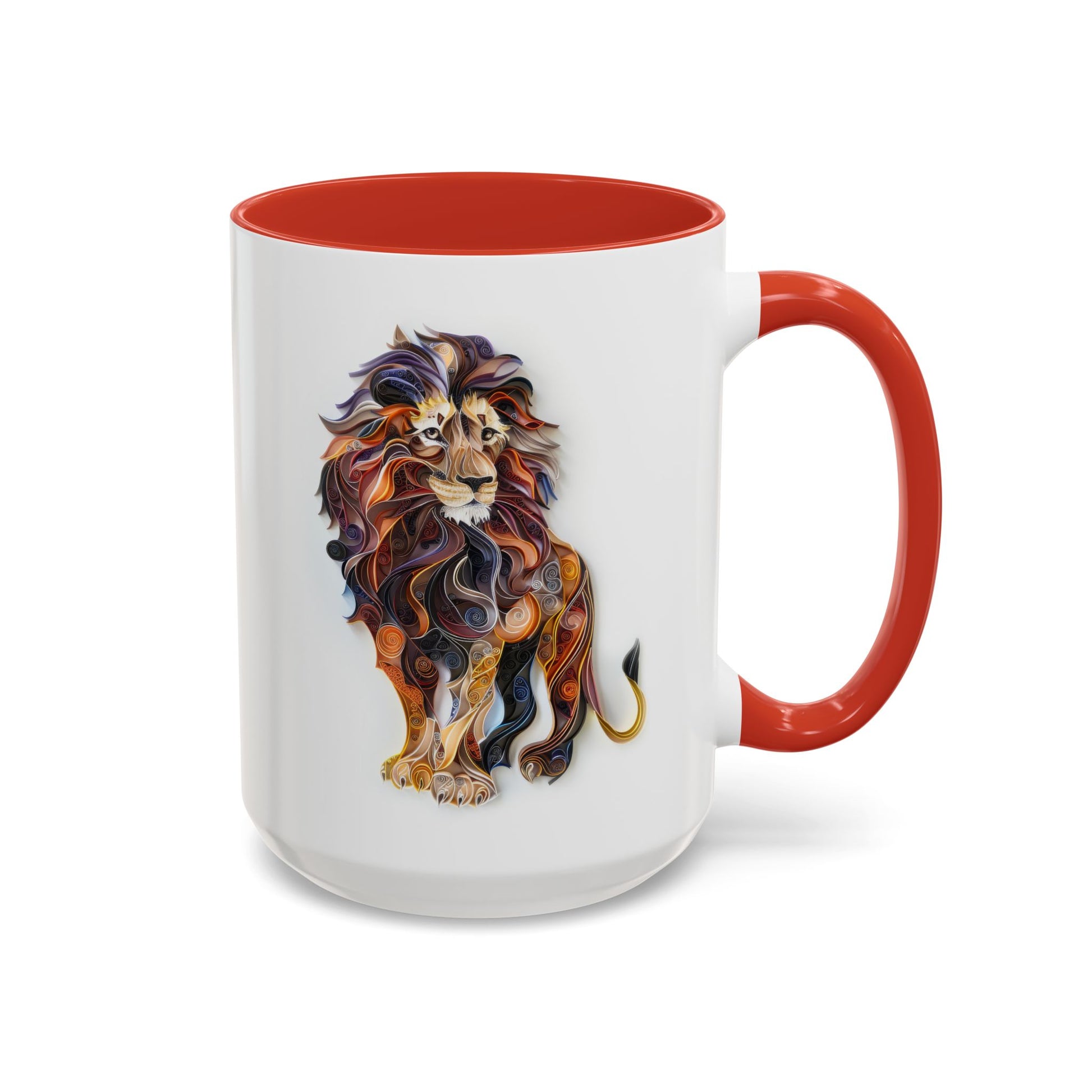 Lion, Paper Quilling Mug - Available in a variety of vibrant accent colors, and in 15oz and 11oz sizes. Dishwasher and microwave safe.