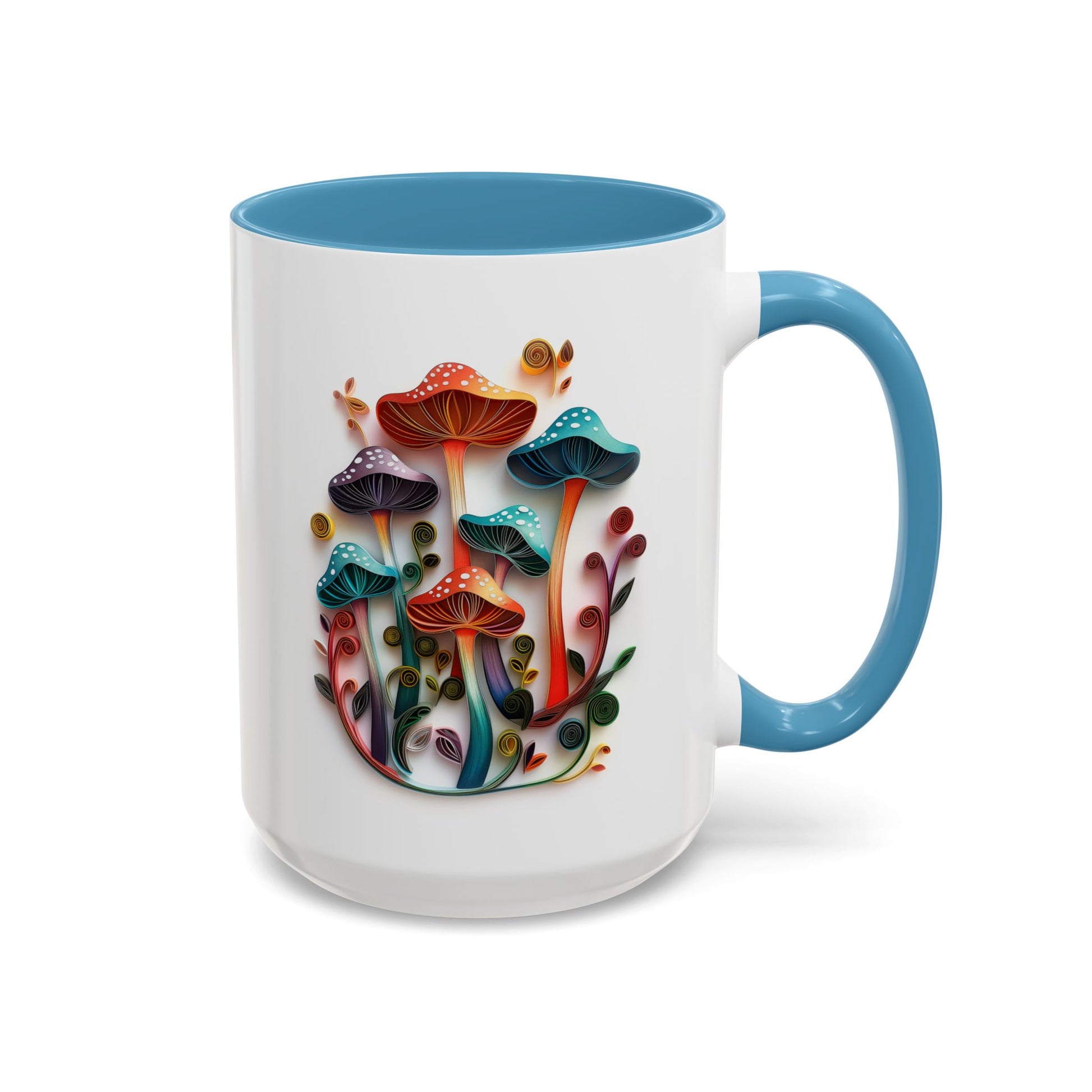 Whimsical Mushrooms, Paper Quilling Mug - Available in a variety of vibrant accent colors, and in 15oz and 11oz sizes. Dishwasher and microwave safe.