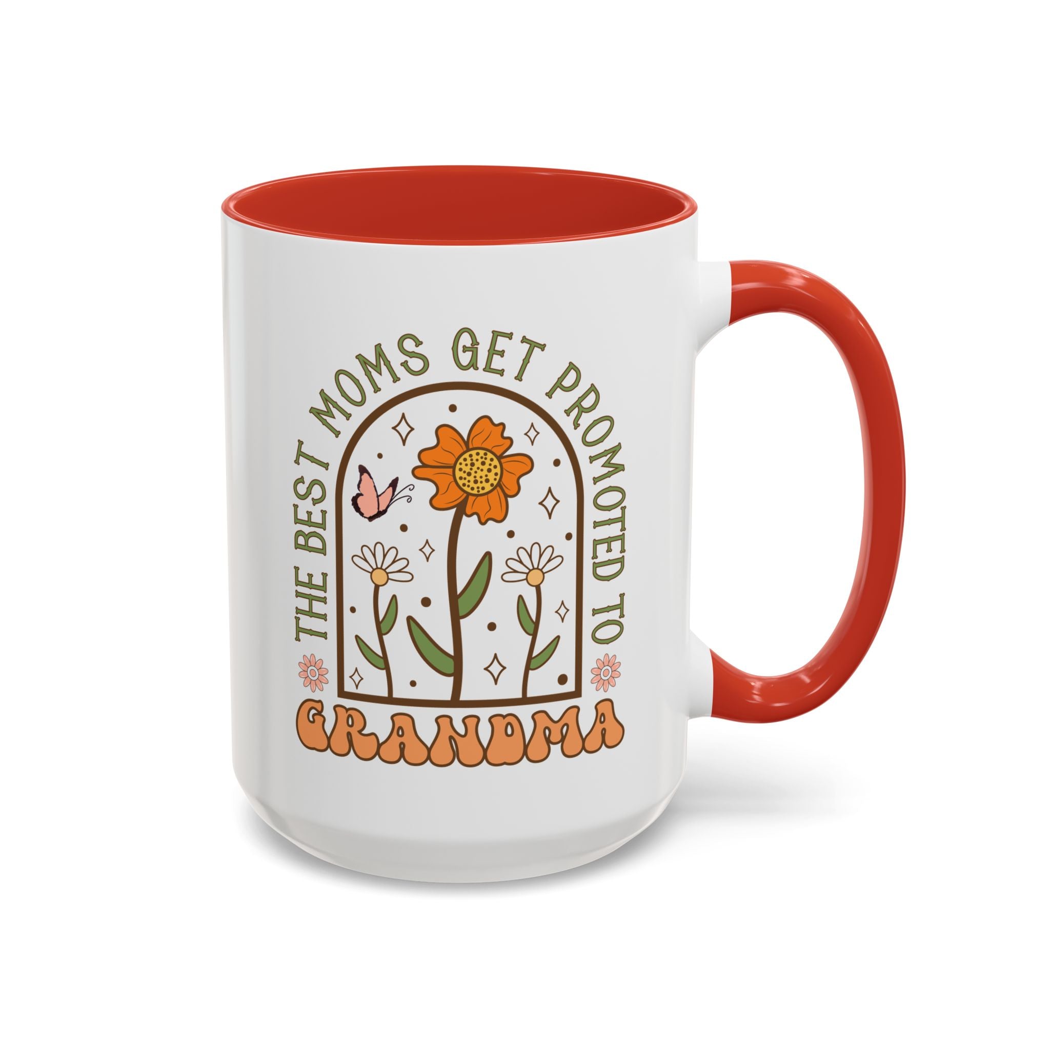 The Best Moms Get Promoted to Grandma, Flowers and Butterfly Mug - Available in a variety of vibrant accent colors, and in 15oz and 11oz sizes. Dishwasher and microwave safe.