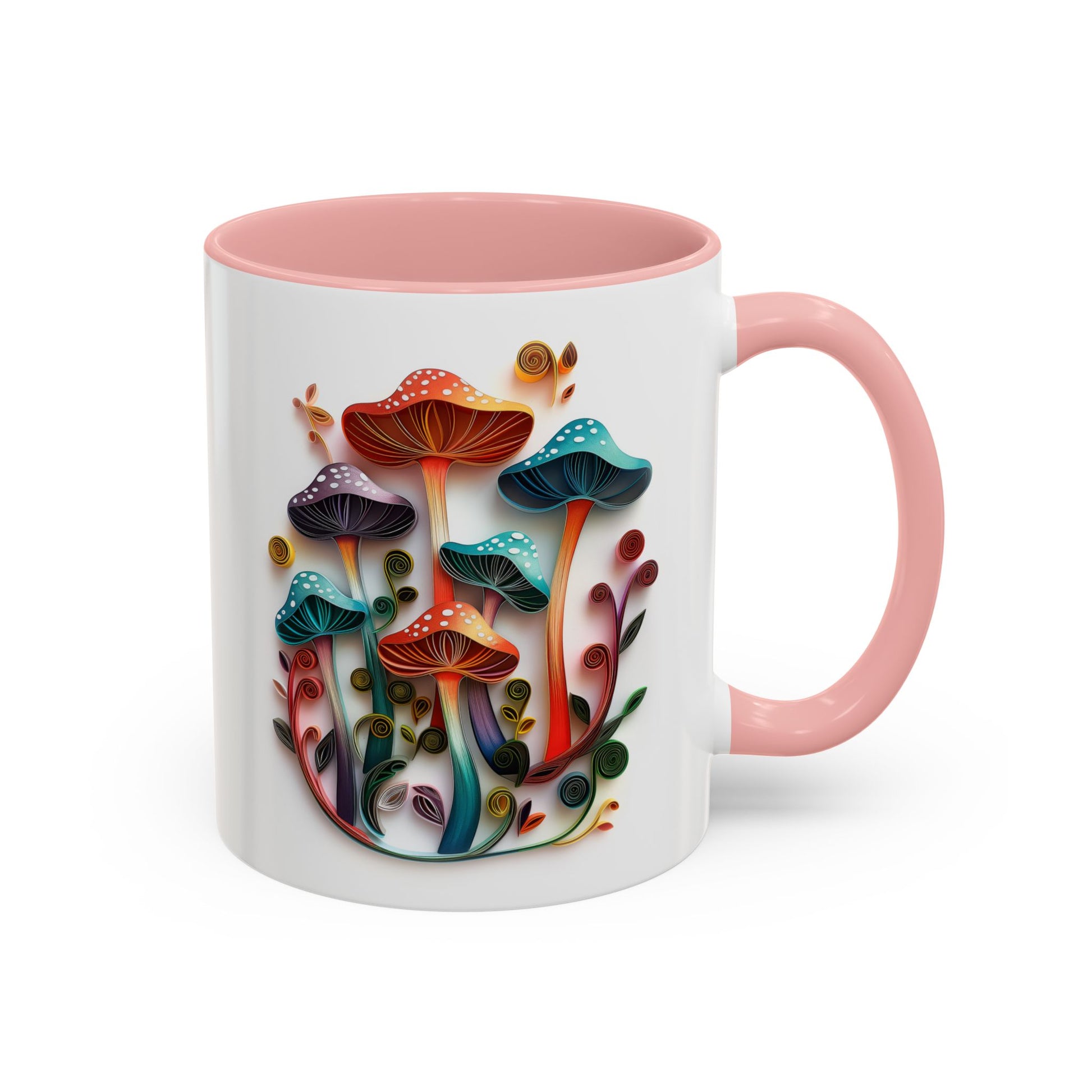 Whimsical Mushrooms, Paper Quilling Mug - Available in a variety of vibrant accent colors, and in 15oz and 11oz sizes. Dishwasher and microwave safe.
