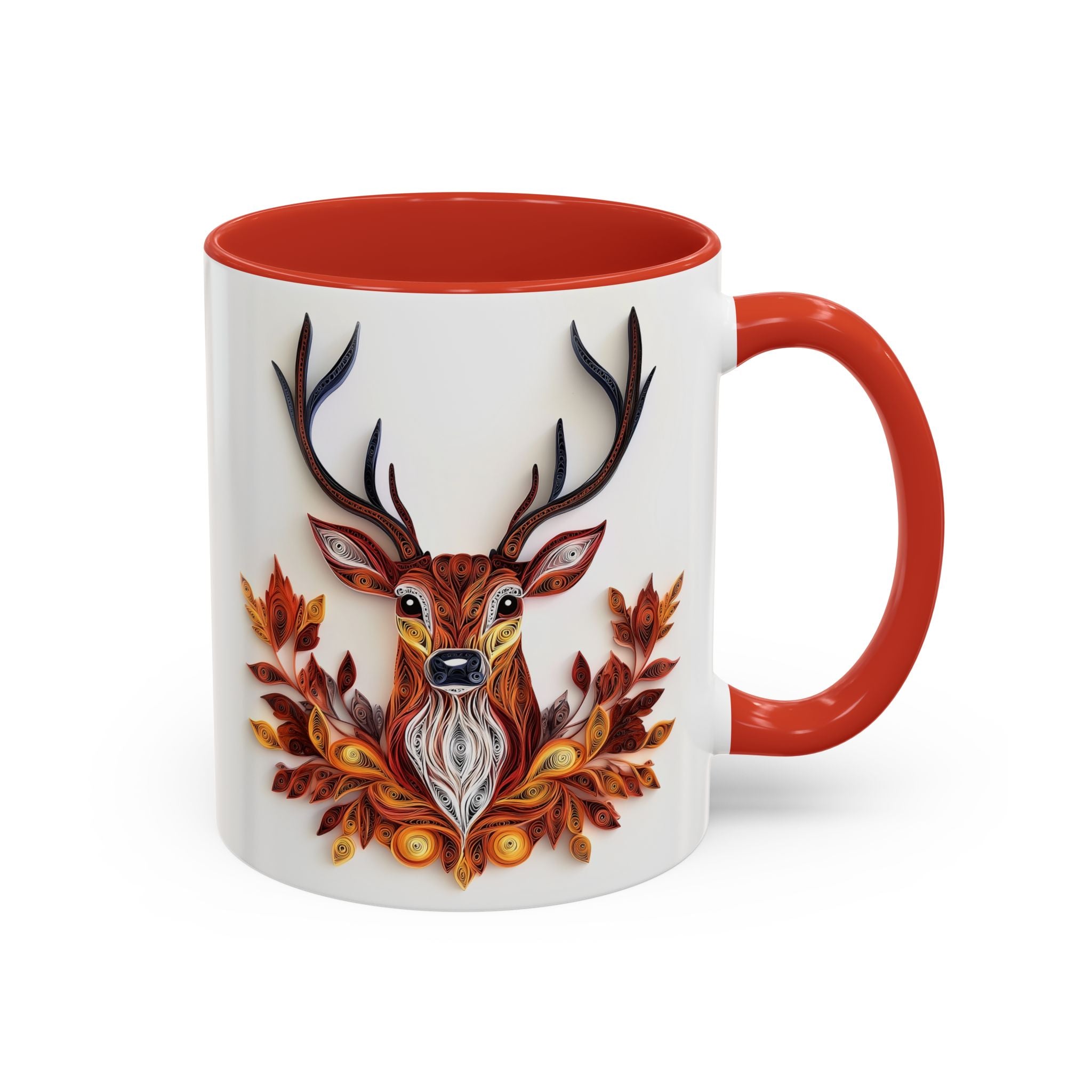 Deer with Fall Leaves, Paper Quilling Mug - Available in a variety of vibrant accent colors, and in 15oz and 11oz sizes. Dishwasher and microwave safe.