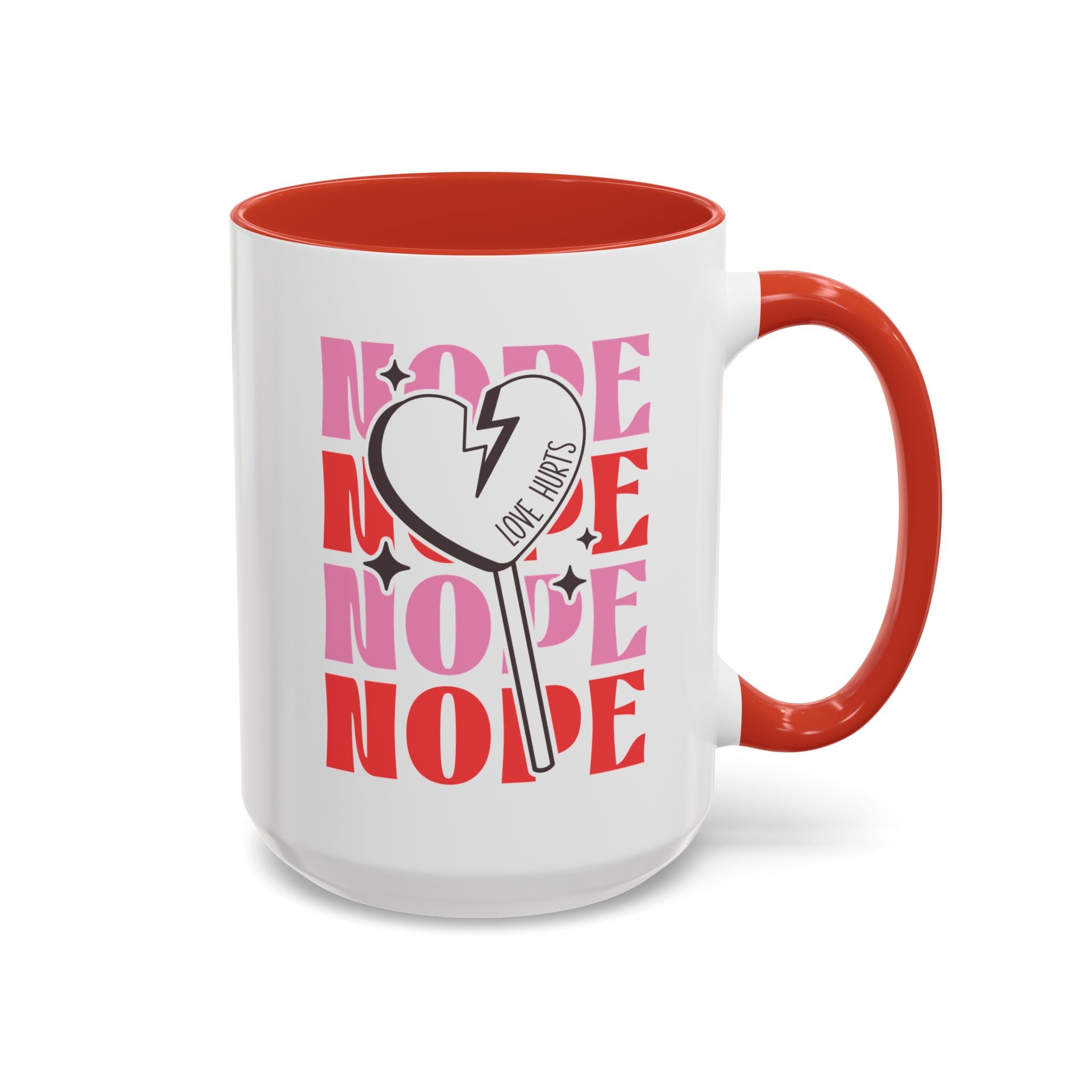 Nope, Love Hurts, Anti-Valentine's Day Mug - Available in a variety of vibrant accent colors, and in 15oz and 11oz sizes. Dishwasher and microwave safe.