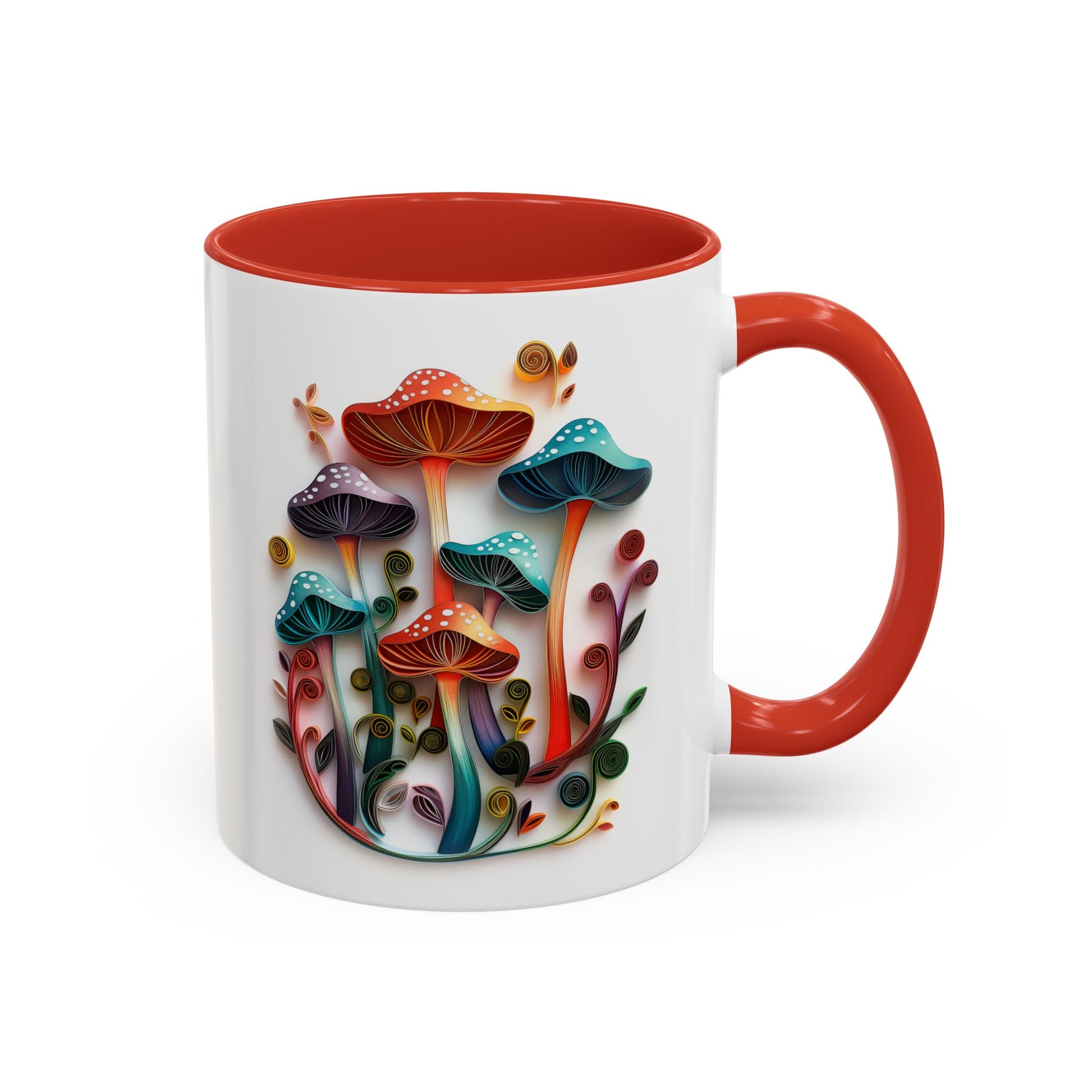 Whimsical Mushrooms, Paper Quilling Mug - Available in a variety of vibrant accent colors, and in 15oz and 11oz sizes. Dishwasher and microwave safe.