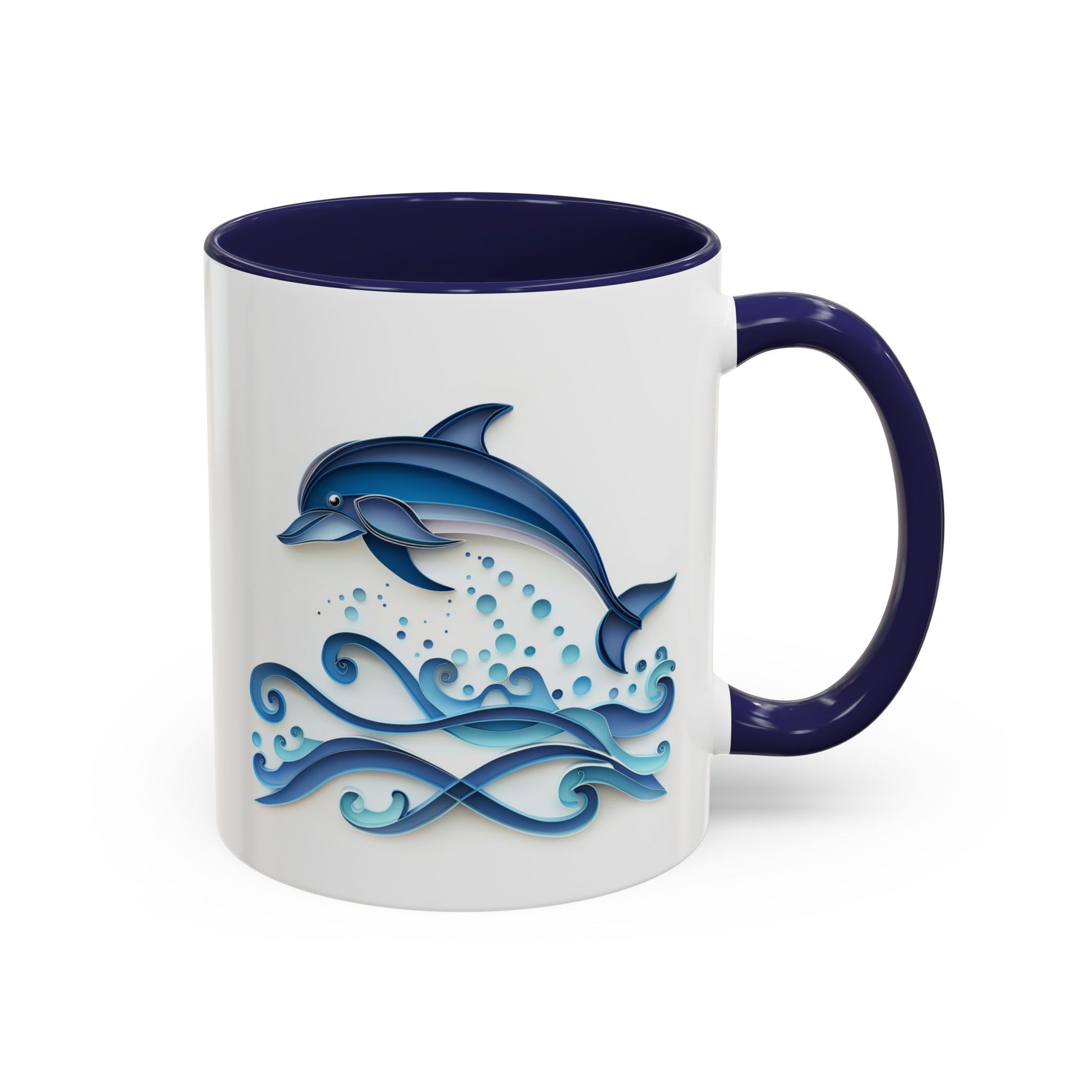 Dolphin, Paper Quilling Mug - Available in a variety of vibrant accent colors, and in 15oz and 11oz sizes. Dishwasher and microwave safe.