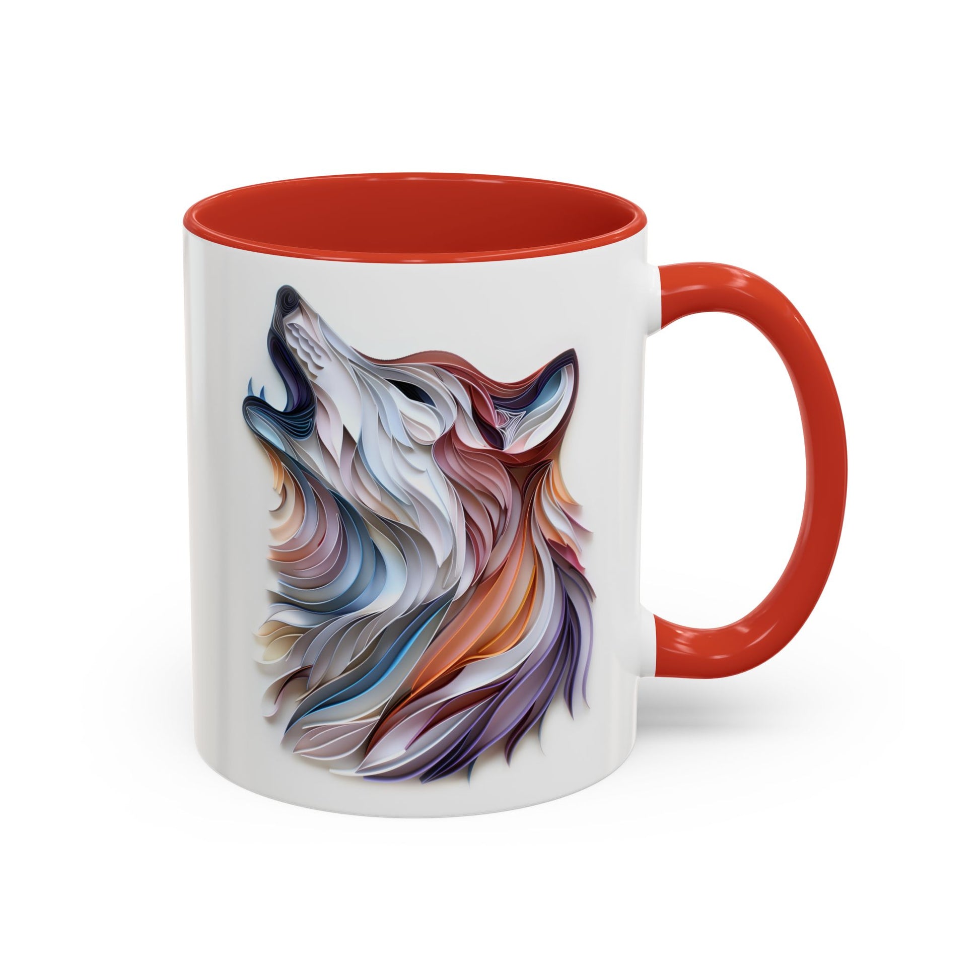 Howling Wolf, Paper Quilling Mug - Available in a variety of vibrant accent colors, and in 15oz and 11oz sizes. Dishwasher and microwave safe.