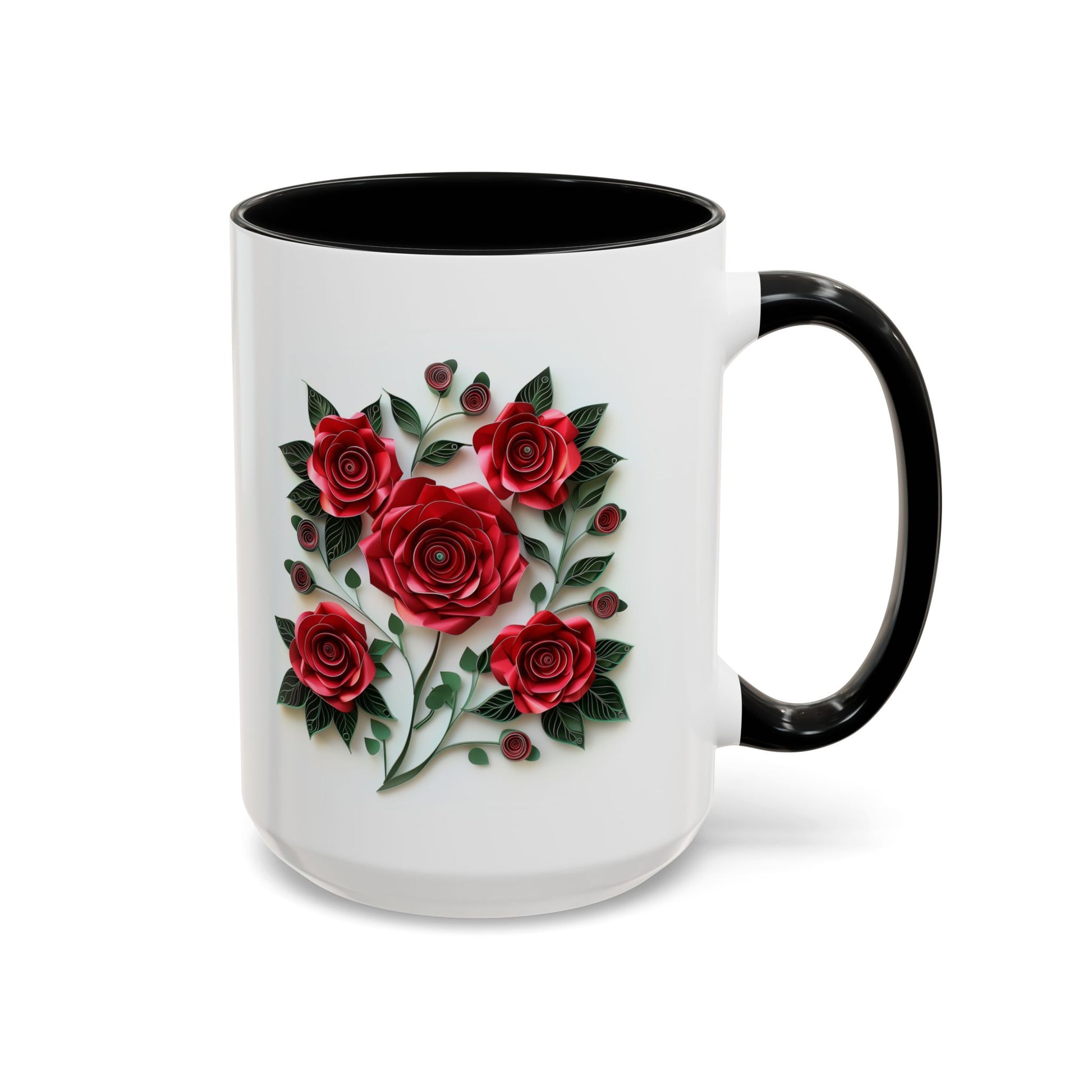 Red Roses, Paper Quilling Mug - Available in a variety of vibrant accent colors, and in 15oz and 11oz sizes. Dishwasher and microwave safe.